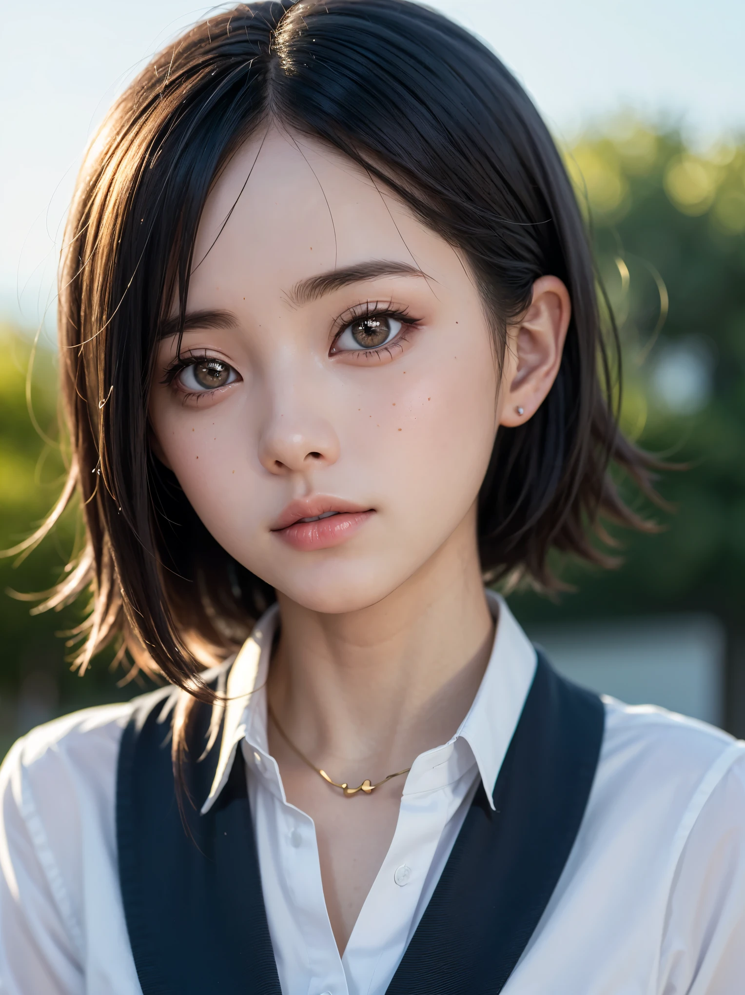 One Girl,(1人のとてもcute女の子:1.3),masterpiece,Highest quality,High resolution,From below,Low - Angle,Photorealistic,RAW Photos,Ray Tracing,Physically Based Rendering,beautiful girl,(:1.3),cute,Big eyes,(detailed pupils:1.2),(The face is facing straight ahead:1.3),Body facing forward,Beautiful nose,Upturned nose,Fuller lips,Short black hair,ponytail,short hair,Detailed eyelashes,Thin eyebrows,Very fine grain definition,(Symmetrical eyes,Golden Ratio:1.3),(Face Focus:1.0),Small breasts,Short neck,Navy Blue Blazer,Red checked pleated skirt,School uniforms,coastal,Blue sky,White cloud,School uniforms,Portrait,View Viewer,Upper Body,Cinema Lighting,High resolution,Very detailed