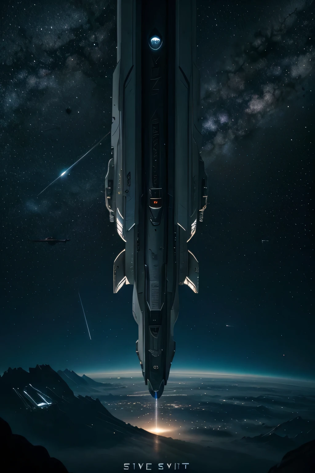 A spaceship flying through the galaxy with stars and bright stars., space art, Mighty beautiful space sci-fi,, Sci-fi movie shock, Eve Online Movies still available, Great spaceship scene, science fiction spaceship, There is the Milky Way galaxy.