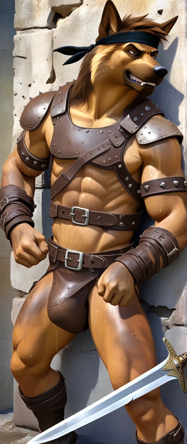 Solo Sexy anthro furry german shepherd male; ancient Mediterranean desert warrior; slim mesomorph handsome model apperance; boy's messy short hair headband; sexy toned muscules; sword scars; worn out brown studded leather rusty sexy skimpy armament. He has low on hips heavy leather studded heavy belt. he has narrow in the crotch very old worn out btosn leather bulgy tigh jockstrap (smelly jockstrap fetish); His brown jockstrap it is made of old worn out matte brown volour leather studded and sewn together from a few pieces, it has never been washed, it is dirty and has stains from secretions of dried semen and sweat; His armor is old heavy brown harness with armlets studded with spikes;, he has old brown leather BFR Bands on Biceps and his thighs, he has old worn out fingerless leather gloves. His armor is skimpy in ruin, it is very very old and dirty, rusted, dirty, old worn out, rusty breastplate. Even though he is a handsome and sexy man, he has a sloppy appearance, has disheveled unwashed dirty fur, dirty body look. he smells, he has stains from old blood, dirt, semen, mud, smelly furr, disgusting bastard looking. Mediterranean sunny pine seacoastline pine forest; he has a proud, threatening and defiant expression on his face, with little dirty dangerous smile; He stands proudly bravely in an upright attacking position, he holds a rised up sword in his right paw, ready for incoming fight; he has narrow in the crotch very old worn out btosn leather bulgy tigh jockstrap (smelly jockstrap fetish); His brown jockstrap it is made of old worn out matte brown volour leather studded and sewn together from a few pieces, it has never been washed, it is dirty and has stains from secretions of dried semen and sweat; Full body full character view,
dynamic fighting pose visible from the side