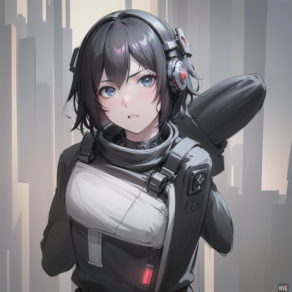 (8k, RAW photo, best quality, masterpiece:1.2), (realistic, photo-realistic:1.4), ultra-detailed,1girl, short black hair, blue eyes, wearing cyber mask, angry face, in the middle of battlefield, dusty, full body, cyberpunk, cyber helmet, mask on, techpunkwear