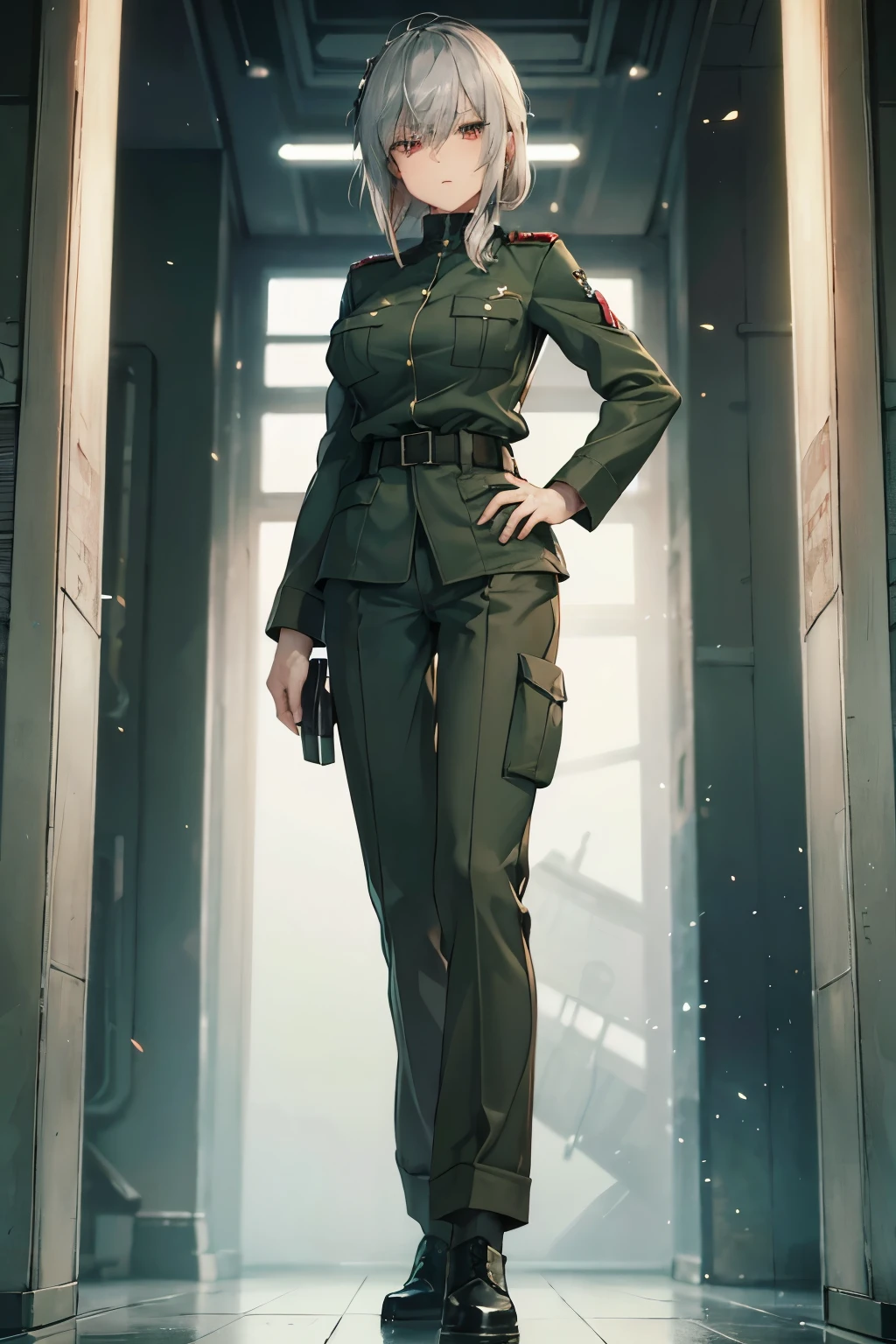 20-year-old sexy,cool,Adult women,Soviet officer,short silver half updo shaggy Cut hair,red eyes.((tsurime)),big breasts,a steady person,1940s,standing,slant eyes,tsurime,wearing a dark green military uniform and trousers,hands in pockets.