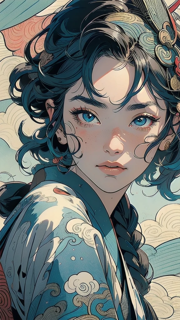 (((masterpiece, highest quality))),,(((solo:1.2))),(((1girl:1.2))),32k wallpaper, very detailed, poster, vintage science fiction,(((((portfolio))))),(((((Close-up))))),(((((bust up))))),((((more various angle)))),((((highlight)))),((((heterochromia)))),(((complete. detailed face))),(((detailed unlimited complete equipment : rail gun))),(((((Absolutely Realistic Clouds background))))),(((Texture for people : halftone))),((Open your mouth wide)),(((((Wind God and Thunder God))))),(((Ukiyo-e)))