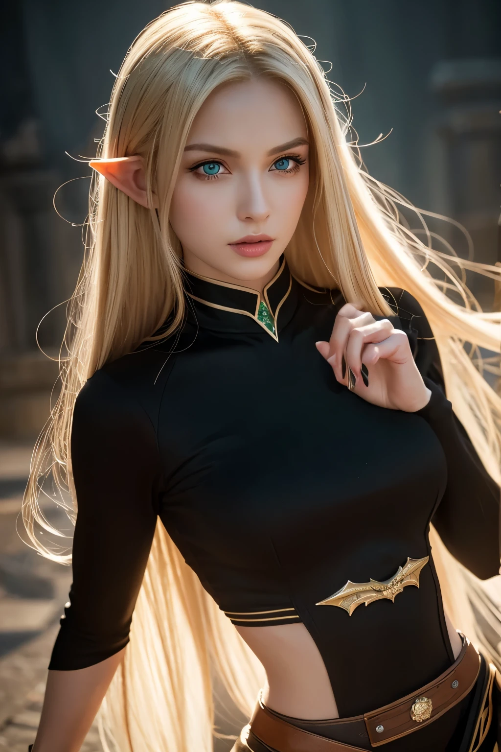 8k,An elf woman who serves as the vice-commander of the Brave Knights..,so beautiful(Like the real thing),Green Eyes,Elf Ears,Blonde Straight Hair,Muscular and slim body,Strongly defined abdominal muscles,Luxurious black exterior,Luxury Black Combat Pants,sneer,Long, narrow eyes,masterpiece,Photorealistic RAW photos of the highest quality。Bright colors,Rich colors, Backlight, Cinema Lighting, Film Grain, to be born, 50mm lens, Nikon D850,Realistic Skin,Fantasy art,Character Art,Ultra-high resolution,Realistic scale skins,Perfect hand shape,View your viewers,Beautiful expression,1 comb'hair,Very small breasts,豪華な緑と黒のVery small breastsの胸鎧,Luxurious black shoulder pad,Luxurious black gauntlets,Luxurious black armour,Luxurious black leg armor,View your viewers,Thin breastplate,Top-down view,close,Sharp Eyes,Dynamic fighting pose,