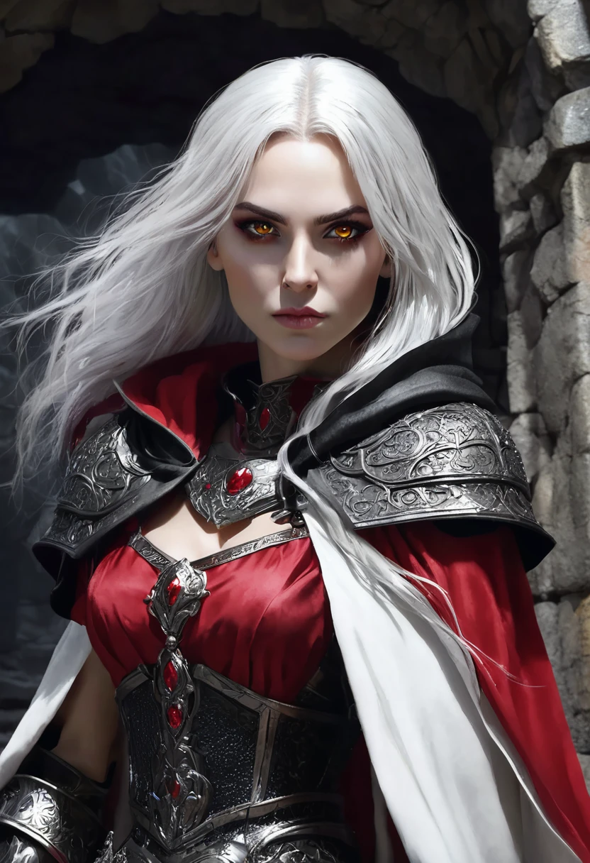 Woman, caucasiana, Eyes red, Red hair, blood witch, profile image, detailed outfit , dungeon background.