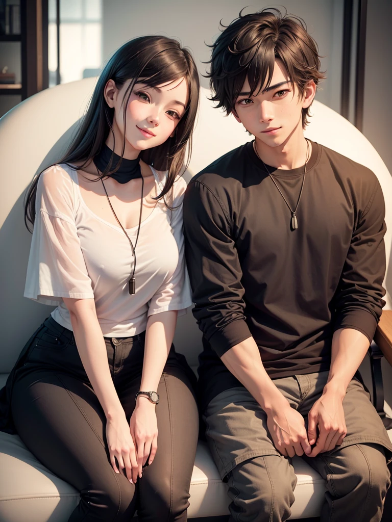 A blonde woman sits facing forward on the lap of a boy with black hair