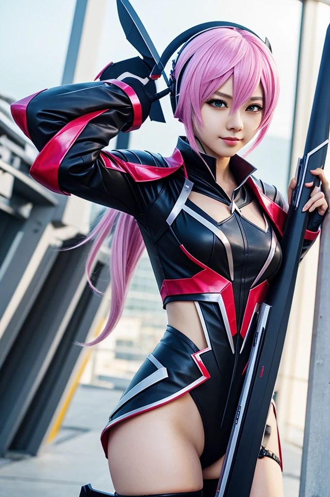 A anime girl, she has long pink hair with bright hazel eyes.she is wearing a gear with swords. Behind her there are 5 meter titans.
