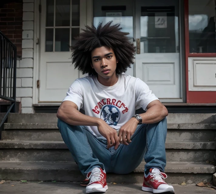 American gangster dark skin afro hair with nba t-shirt, blue jeans and red and black tennis shoes