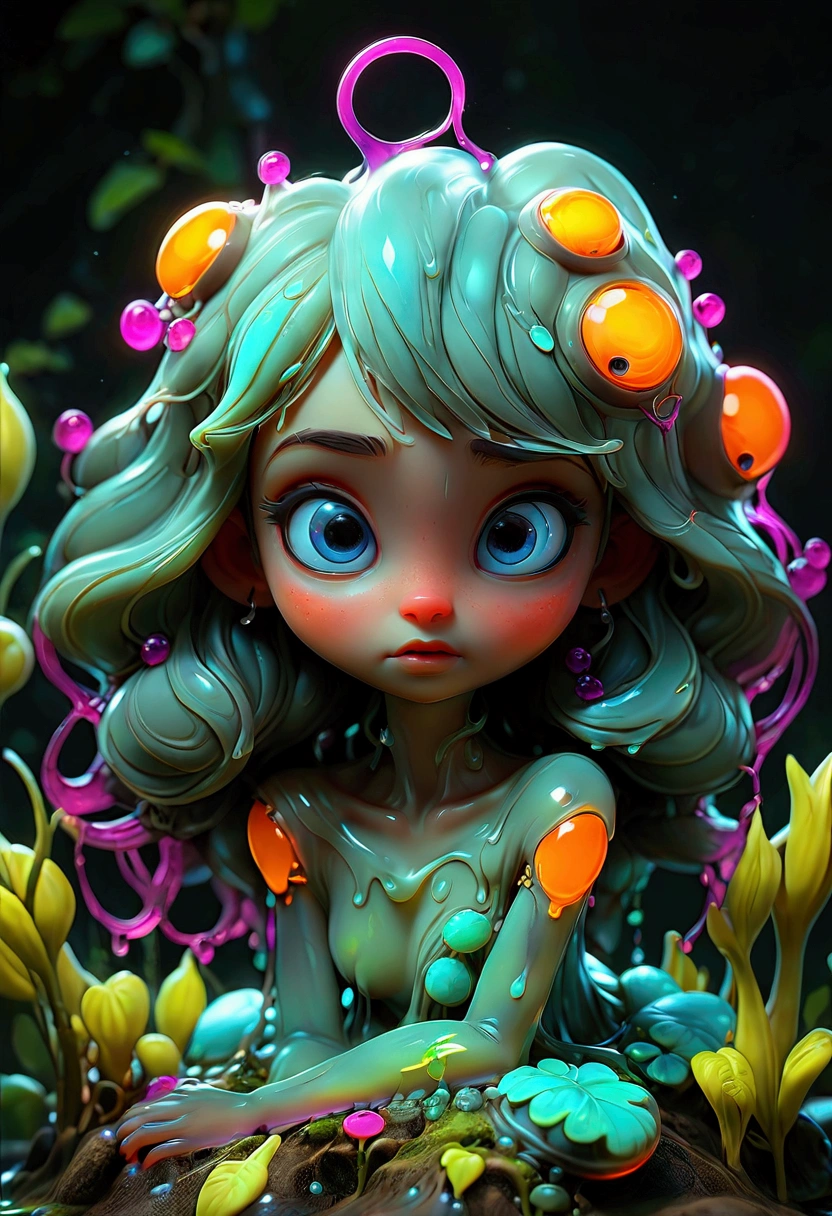 slime girl, slimegirlsupremacy, slimegirlsfw, A slime creature, detailed slimy texture, gooey and viscous appearance, (cute eyes:1.5), bright neon colors, fluorescent glowing, surreal fantasy landscape, colorful alien environment, glowing, bioluminescent plants, cinematic lighting, detailed 3D render, vibrant colors, high detail, masterpiece, best quality, very aesthetic, absurdres