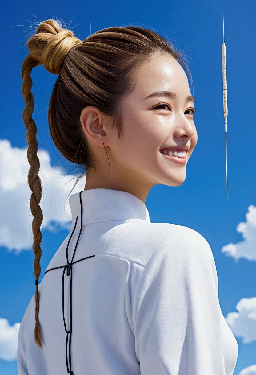Woman with acupuncture needles、ponytail、White、Anime/Illustration、blue sky、smile、