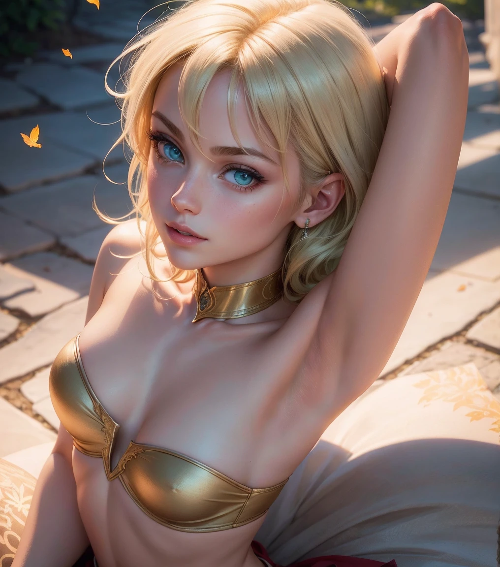 Title: Enchanted Moonlight Date Prompt: (best qualityer, work of art, colorfully, dynamic angle, More Detailed) upper body photo, photo by full body, 8k Unity beautiful fashion photography wallpaper, ultra detaild, Beautiful and aesthetically pleasing, (photorrealistic: 1.4), (1 ), greeneyes, blond, hair ornament, shorth hair, blush, dynamic pose, dynamic angle, ointment, Scrawny, corpo Scrawny, LnF tiro muito selvagem, plein-air, detailed back ground, Realist, LnF, perfect detailed face, mischievous face, det eyes