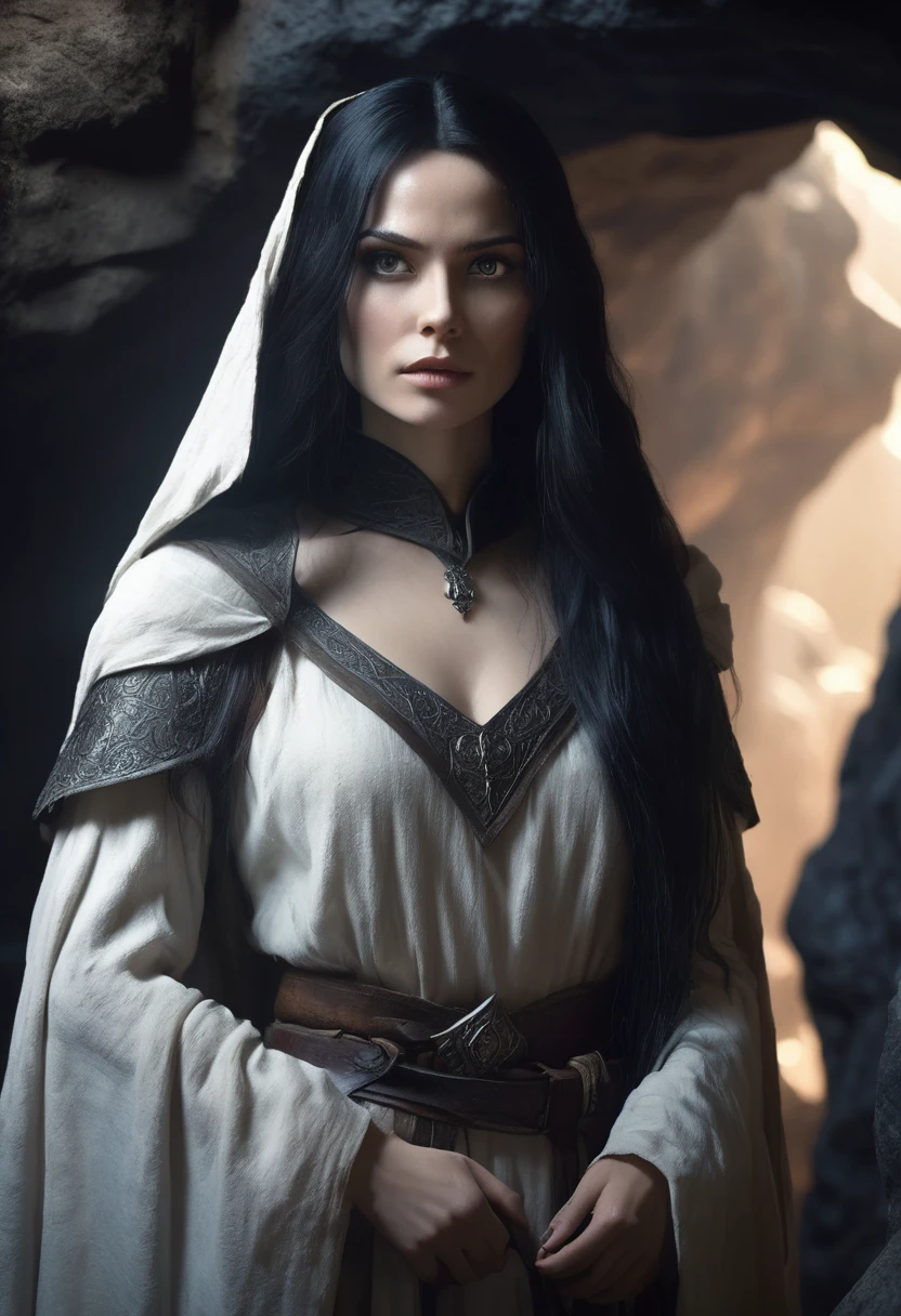 1 woman, inside a cave, wearing medieval clothes, detailed facial features, female onyx eyes, detailed white skin, long black hair, dramatic lighting, cinematic composition, dark palette, dark colors, atmospheric haze, thin chin, serious face, serious face, slim and beautiful woman (best quality, 4K, 8K, high resolution, art: 1.2), ultra detailed (realistic, photorealis