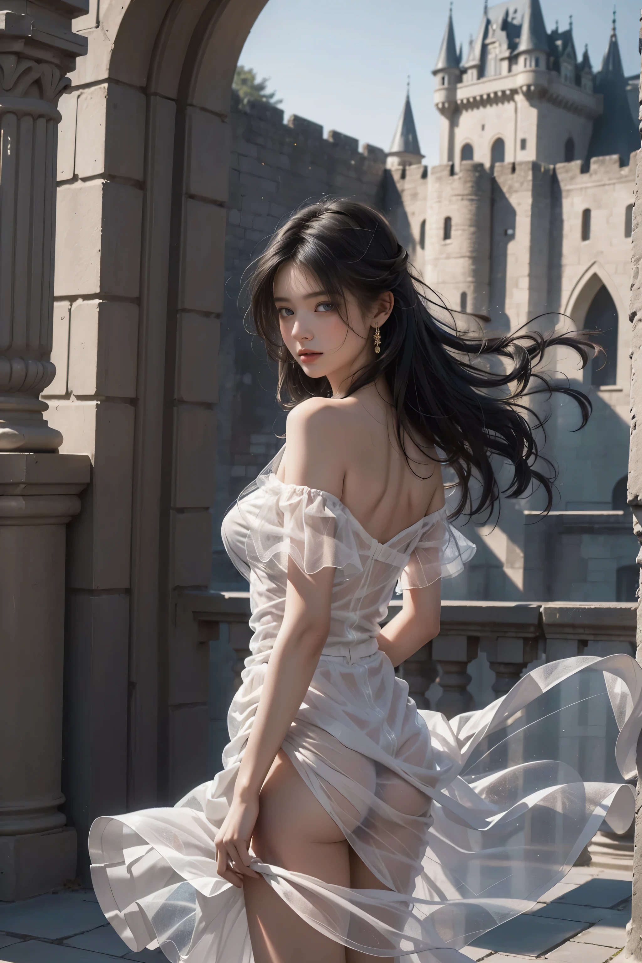 ((Girl standing in front of the wall of an old castle))、(Rear view)、(look back)、Fluorescent color、1 girl、Looking to the side、Beautiful face、Beautiful eyes、(Off the shoulder:1.2)、Upper Body、Shiny Hair、Glowing Skin、 Reduce glare、The proportions of the fingers have been adjusted、Escrow、ass pov、Dynamic Angle、(((Master part)))、(((highest quality)))、(((Super-detailed))) detailed)、(An illustration)、(Detailed light)、(Very delicate and beautiful)、Dramatic_Shadow、Ray_Tracking、reflection、 Ultra-high resolution、((A girl with colorful hair and mesh in her black hair))、 Her hair flutters in the wind、(Large deep blue eyes)、Black Haired Woman、 Sparkling Butterfly、Black-haired woman、Points of light around the woman、Magical Aura、Green dot、Aura About Natural、超Magical AuraBlack-haired woman,((Semi-transparent white open shoulder dress:1.3))、(No sleeve)、((My skirt is flying up in the wind)),((An old European castle is hazy in the distance)),((White panties are visible)),