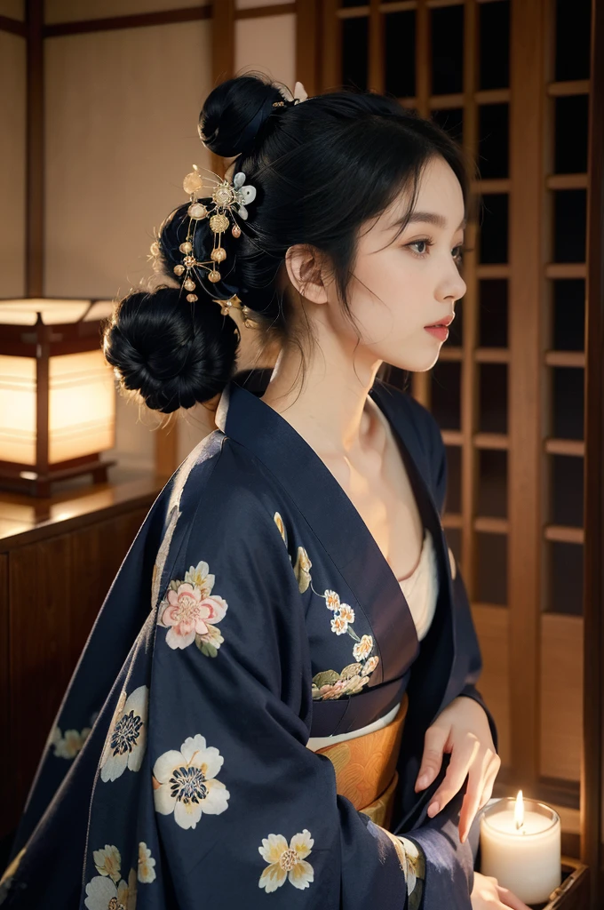 (((best quality))),(((ultra detailed))),(((masterpiece))),illustration,((1 beautiful Japanese girl,solo)),((slim,thin)),((small breasts,flat chest)),serene,melancholic,(rainy:1.3),(night scene:1.3),(in izakaya:1.3),(bun hair:1.2),(traditional Navy blue floral kimono:1.3),cozy atmosphere,sipping drink,ethereal appearance,delicate features,expressive eyes,contemplation,numbs loneliness,intricate kimono patterns,billowing kimono,traditional beauty,graceful sitting pose,sliding doors,rainy alley,soft glow lanterns,warm ambiance,vapor,atmospheric haze,introspection,isolation,beauty in solitude,complex emotions,quiet moments,Drinking Alone,narrative,loneliness,yearning,inner peace,((from front,upper body))