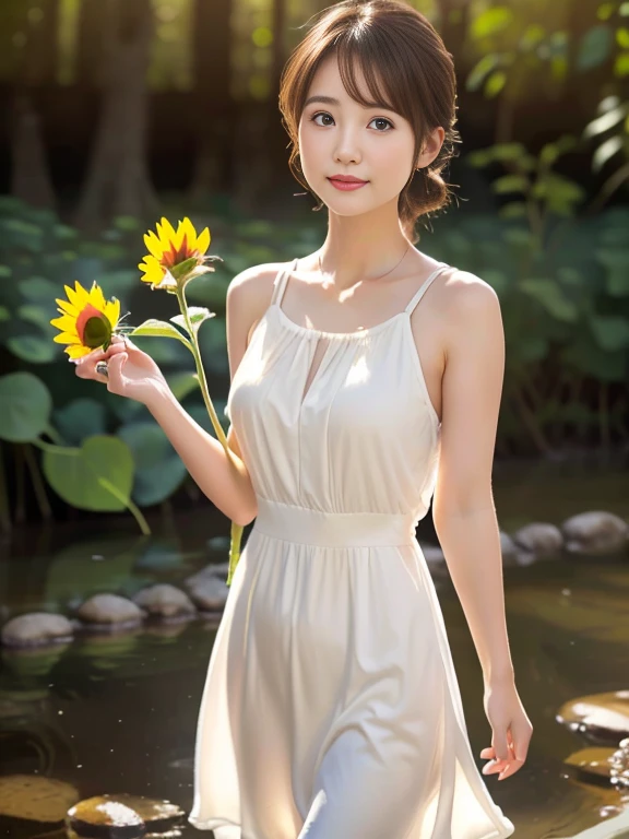 (masterpiece, best quality), outstanding details, ultra-high resolution,
anatomically correct, wide shot, atmospheric perspective,
A cute Japanese woman walking along a stream in the morning forest, 30 years old,
cowboy shot, (holding a sunflower, reaching out),
(Plump), medium breasts,
Happy smile, Mouth slightly open, looking at viewer,
round face, tareme, Downturned Eyes, pupils sparkling, Cute duck mouth, cute small nose, thin lips, thin eyebrows,
brown hair, low ponytail, short hair, swept bangs,
(wearing A white elegant slip summer dress made of a transparent smooth material),
depth of field, exposure high key,
(( morning sunlight, backlighting, The light reflected from below softly illuminates the woman's face)),
cinematic lighting, reflection light, (Total soft lighting, dreamy atmosphere, animated expression) ,