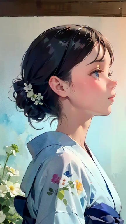 {(masterpiece,best quality, 8K UHD, extremely detailed CG, detailed beautiful face and eyes and skin and hair),(beautiful like picture:1.1)},{(watercolor image:1.2),sketch,bright colors overall,gentle color},{Simple configuration:1.1}, {light blue backgroundl:1.2}, {solo girl,yukata,profile},{Floral,Taisho romance}