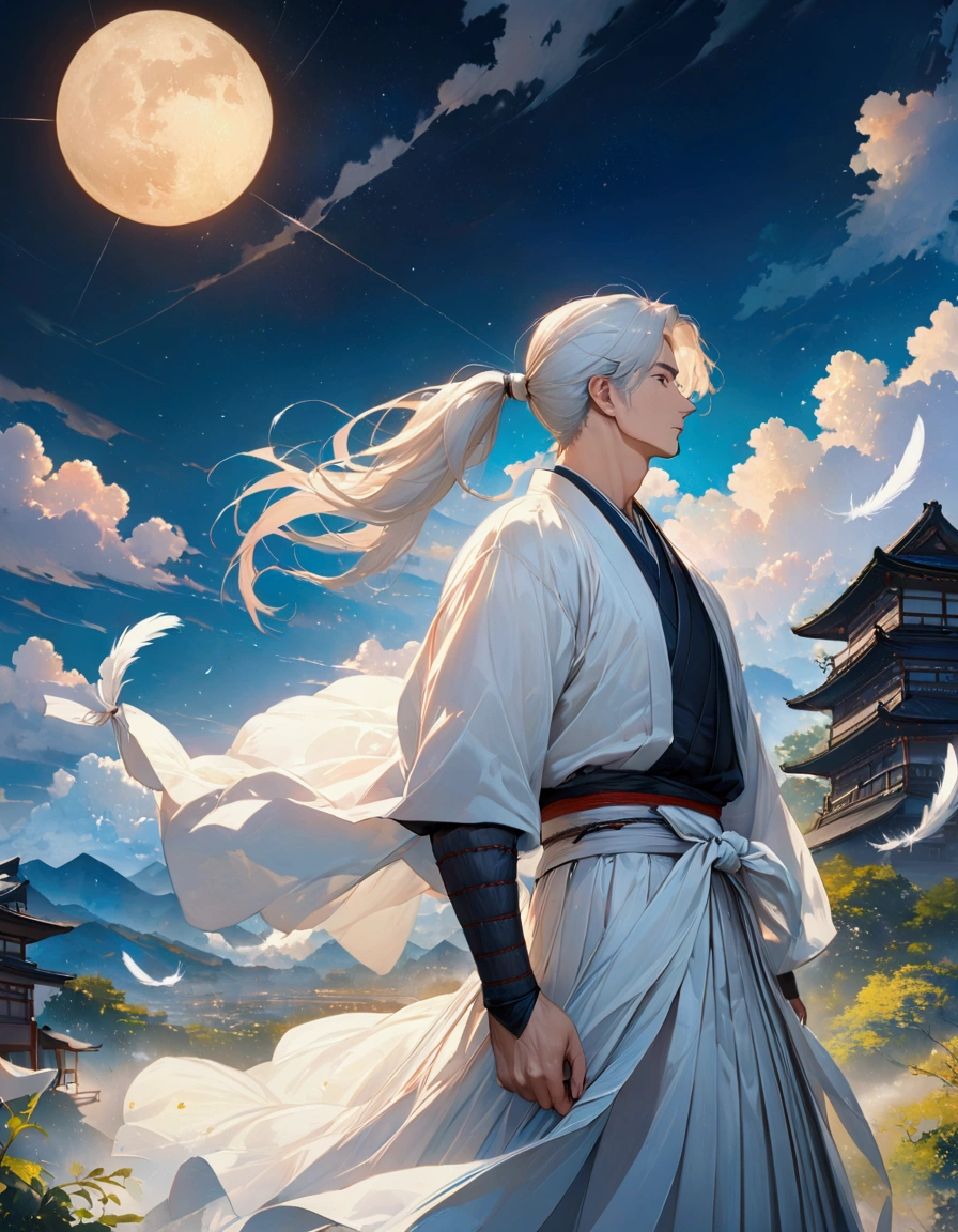 (masterpiece:1.3),(最high quality:1.4),(Very detailedな:1.5),High resolution,Very detailed,8k,artwork,High level of detail,rendering,high quality,Wide range of colors,Countless white feathers rain down,A breathtakingly beautiful nighttime space,Vivid light,((One Anime Guy))、(profile,Landscape),Cool handsome guy,Swordsman、(White Hair)、Long hair that reaches down to the waist is tied in a single ponytail、White Hakama、白いSwordsmanの服装、((samurai)),There&#39;s a sword on his waist、Looking up with a blank look。