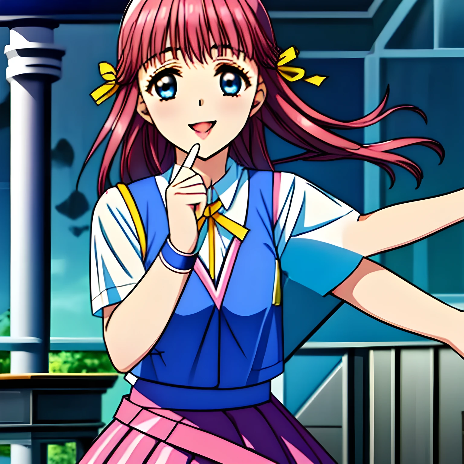 (highest quality, masterpiece:1.2), highest quality, High resolution, 1080P, 8k, (Very beautiful and delicately drawn high-resolution anime CG: 1.5), (A beautiful 15yo girl anime heroine, A very neat, very noble, pretty, pure girl is raising up from evil darkness: 1.4), ((black background with evil candles: 1.2)), Glossy lips, Evenly cut bangs, (beautiful blue eyes with detailed: 1.2), (Very beautiful and very long flowing pink hair: 1.2), (Noble blue school vest uniform, blue pleated noble skirt, white blouse: 1.6), (Big yellow cute wide ribbon on her chest), (Yellow hair ribbon clip: 1.0), (Giggling: 1.0), (Mouth is laughing and wide open as a game heroine: 1.0), (A beautiful body like a model), (Walking with a school bag, turning around), (long cute eyelashes: 1.4), ((thin droopy eyebrows: 1.4)), (giggling and calling me to invite me to her extreme happiness with her mouth widely open!: 1.6), (showing her very long tongue: 1.6), (laughing shy cheeks and lips, as if watching a comedy: 1.5), ((Very super long wavy hair is too much beautiful: 1.0)), (Tilting her head shyly), (Too beautiful women to stop falling into her, makes me crazy: 1.6), (She is in fact succubi and calling me with strong religious temptation, drops me into craziness: 1.2), (showing her palm to invite me: 1.2)
