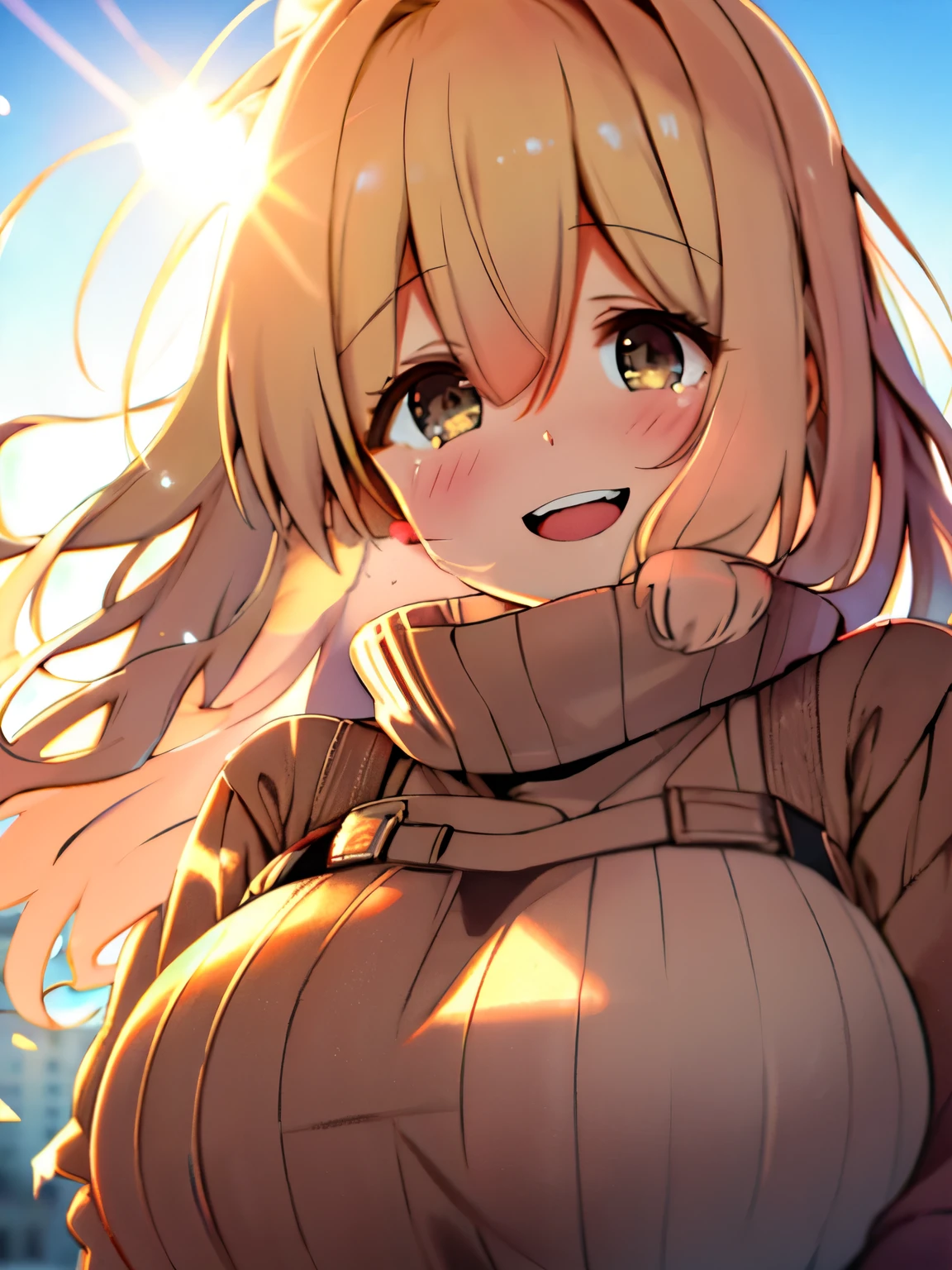 a girl, cozy sweater on, upper body, (huge laugh:1.1), (open mouth:1.1), (wide open eyes:1.2), Sun glare, bokeh, depth of field, blurred background, light particles, strong wind, (Heart particles:1.1)