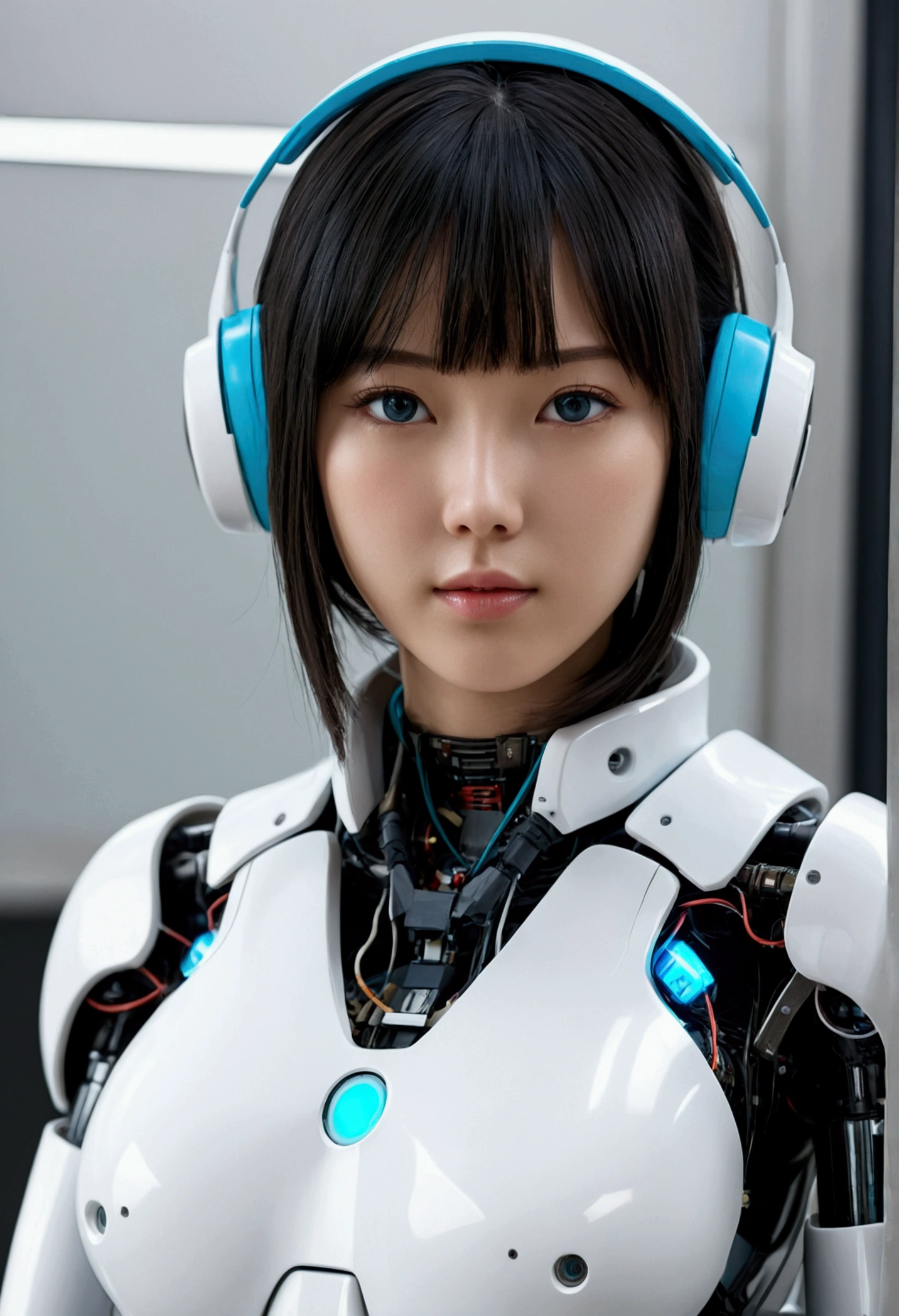 (Photorealistic:1.4), (Raw photo)masutepiece, Best Quality, Extremely detailed, (Photorealistic:1.4), (8K, 4K, Best Quality, hight resolution, 超A high resolution:1.1), 8K Portrait,1girl in, Japanese android gid,Plump , announcer,control panels,android,Droid,Mechanical Hand, ,Robot arms and legs, Black hair,Mechanical body,Blunt bangs,White Robotics Parts,perfect robot woman,Charging spot,Long Tube,A thick cable was connected to his neck.,ceramic body ,Mechanical body, mechanical ear covers,android,robot humanoid,Slightly Chubby,pantiy,complete eyes,Perfect machine body,White robot body,The laboratory of the future,android factory,mechanical ear covers,White and light blue uniform,aqua accent costume,