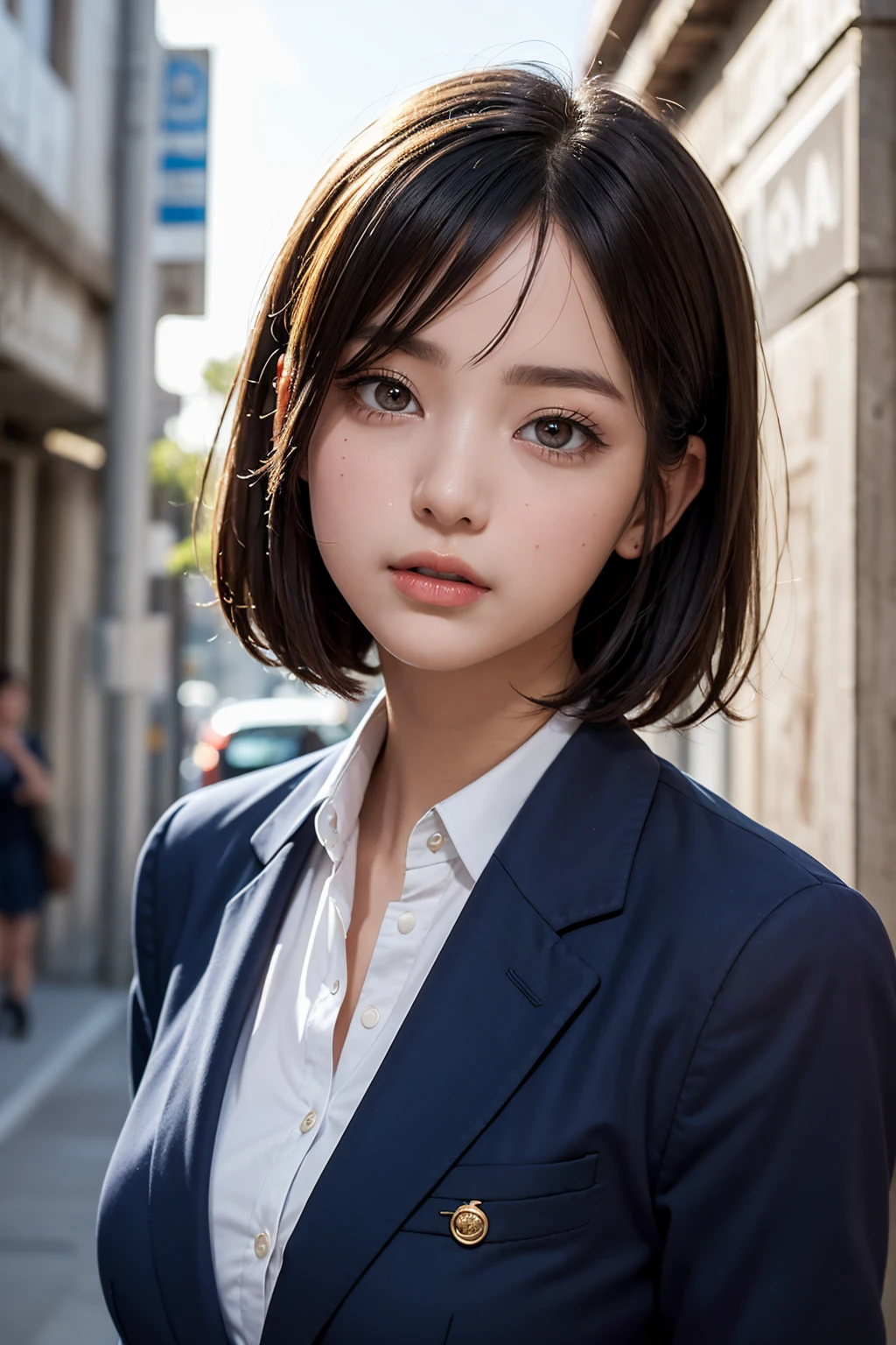 (masterpiece, best quality:1.2), 8k, 85mm, official art, raw photo, absurdres, violaceaess, rosaceaess, gardeniass, beautiful girl, pretty face, close up, upper body, cinch waist, black tailored suit, suit jaket, V-neck shirt, looking at viewer, (cleavage:0.8), film grain, chromatic aberration, sharp focus, facelight, clear lighting, detailed face, (bokeh background:1.2)