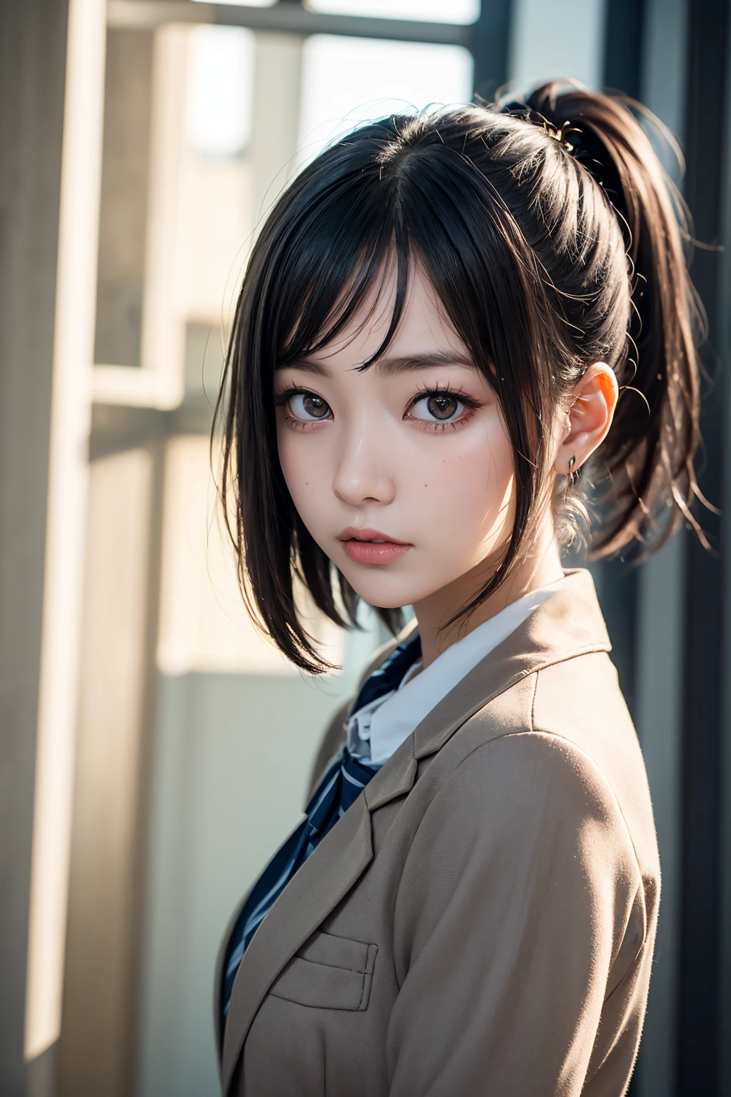 One Girl，(1人のとてもcute女の子:1.3)，masterpiece，Highest quality，High resolution，From below，Low - Angle，Photorealistic，RAW Photos，Ray Tracing，Physically Based Rendering，beautiful girl，(15 years old:1.3)，cute，Big eyes，(detailed pupils:1.2)，(The face is facing straight ahead:1.3)，Body facing forward，Beautiful nose，Upturned nose，Fuller lips，Short black hair，ponytail，short hair，Detailed eyelashes，Thin eyebrows，Very fine grain definition，(Symmetrical eyes，Golden Ratio:1.3)，(Face Focus:1.0)，Small breasts，Short neck，Navy Blue Blazer，Red checked pleated skirt，School uniforms，coastal，Blue sky，White cloud，School uniforms，Portrait，View Viewer，Upper Body，Cinema Lighting，High resolution，Very detailed
