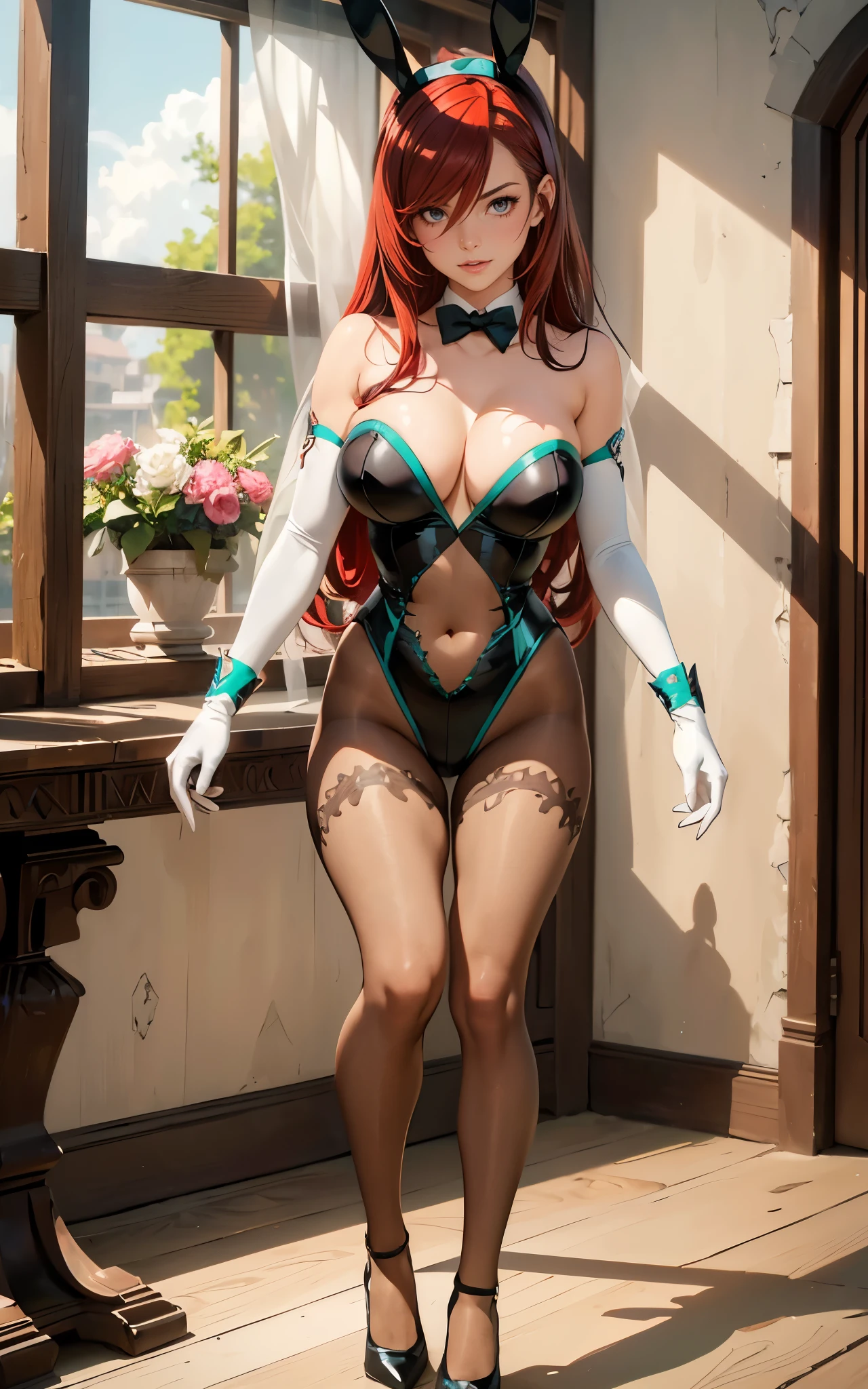 ((1girl, solo)), erza scarlet, beautiful body, (perfect anatomy, perfect body, perfect hands, perfect legs), nice hands, natural proportions, sexy body, large breasts, standing BREAK
((extremely detailed face)), brown eyes, (beautiful detailed eyes:1.6), (realistic pupils, realistic iris:1), expressive eyes, ((looking at viewer)), (clear eyes:1.3), (hyperrealistic:1.2), (detailed skin texture:1.2), smooth skin, (red hair:1.5), long hair, (hair over one eye:1.4), (detailed lips:1.2), (attractive lips:1.1), (glossy lips:1.1), (smile), perfect face, perfect eyes BREAK
playboy bunny, fake animal ears, rabbit ears, white detached collar, PaleTurquoise bowtie, collarbone, cleavage, strapless leotard, highleg leotard, (PaleTurquoise trimmed leotard:1.3), (covered navel:1.3), ((white elbow gloves)), PaleTurquoise wrist cuffs, bare shoulders, (black pantyhose:1.5), thighband pantyhose, black footwear, high heels BREAK
(masterpiece:1.5), anime-style, top quality, best quality, (beautiful and aesthetic:1.2), (ultra detail:1.5), Ultra-detailed depiction, Ultra-precise depiction, extremely detailed 8k illustration, high resolution, (highly detailed shading:1.2), (realistic lighting:1.4), perfect lighting, vibrant colors, dynamic tones, striking hues, 8k, absurd resolution, perfect shadows, hdr, UHD, ambient lighting, realistic, ultra-realistic, photo realistic, highly detailed, rich detail, luminous colors, fine texture, intricate design, professional illustration, (soft light:1.2), (illustration:0.7)