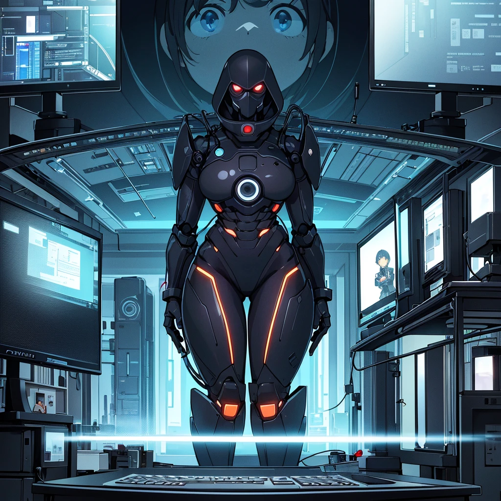 Best illustrations、Best Quality、(((sf)))、(No humans)、Telecommunications Equipment、Mr.々Mechanical、digital equipment、(((Research Room)))、The computer screen lights up、(((Huge computer monitor、A black figure is visible)))