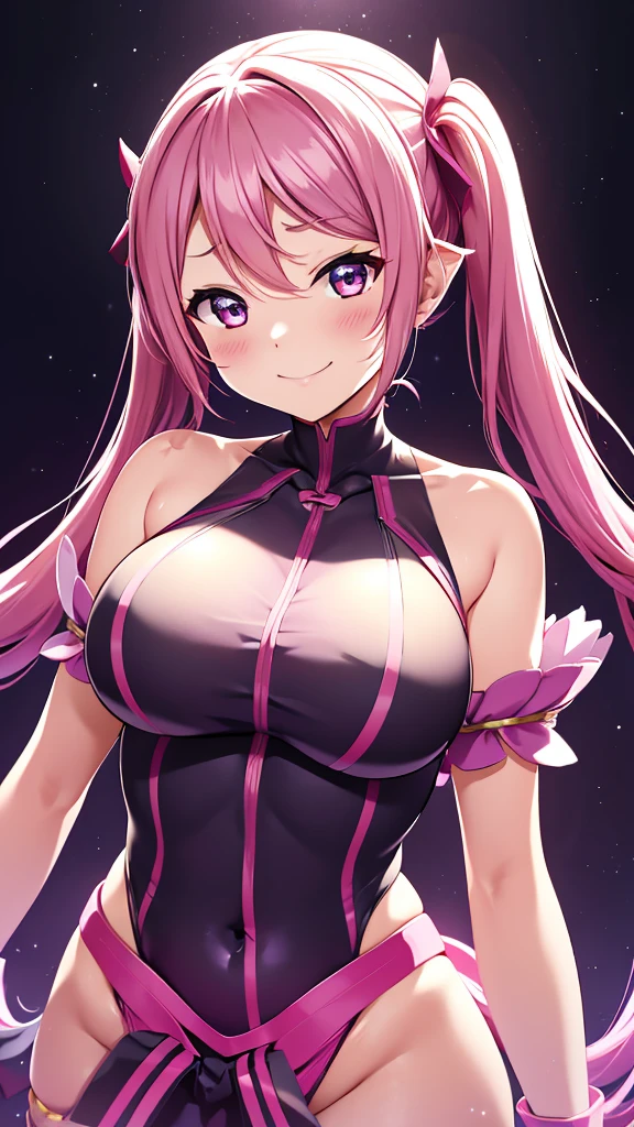 night、Shihodo Narika、Pink Hair、Twin tails、No sleeve、Shoulder、Super Subaru Flash Ninja Haruka、Black Background、Evil background、Hotel Bedroom、Sensual pink light、A shiny white rubber suit that wraps around the body、tall、Upper Body、adult、White Long Gloves、Big Breasts、白髪Twin tailsドリル　Volumie、Upper Body、Evil female warrior、Fantasy、Condescending smile、Fallen into evil、Fall into Darkness