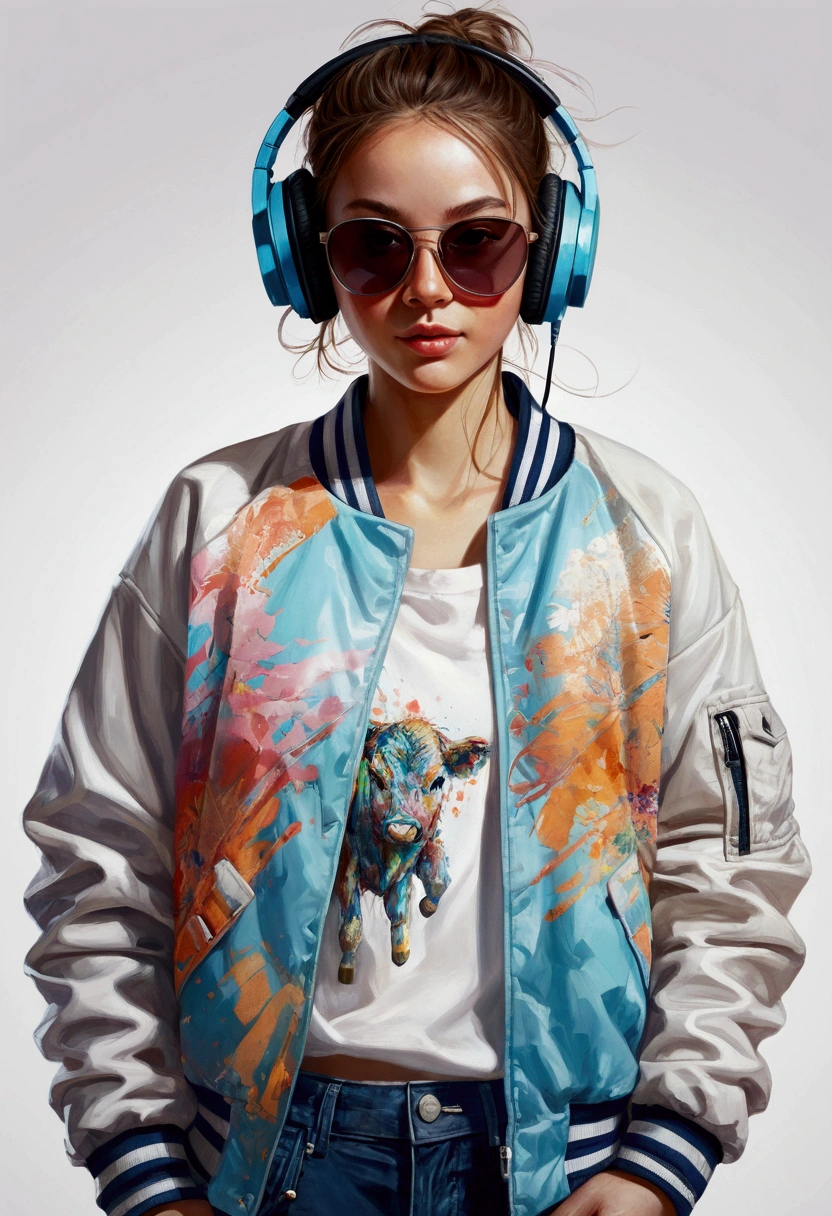 Perfect centering, a cute calf, Wear a student team jacket, wearing sunglasses, Wearing Headphones, cheerfulness, standing position, abstract beauty, centred, looking at the camera, Facing the camera, approaching perfection, dynamic, highy detailed, Soft, sharp focus, 8k, High definition resolution, illustration, arte de Carne Griffiths e Wadim Kashin, White background