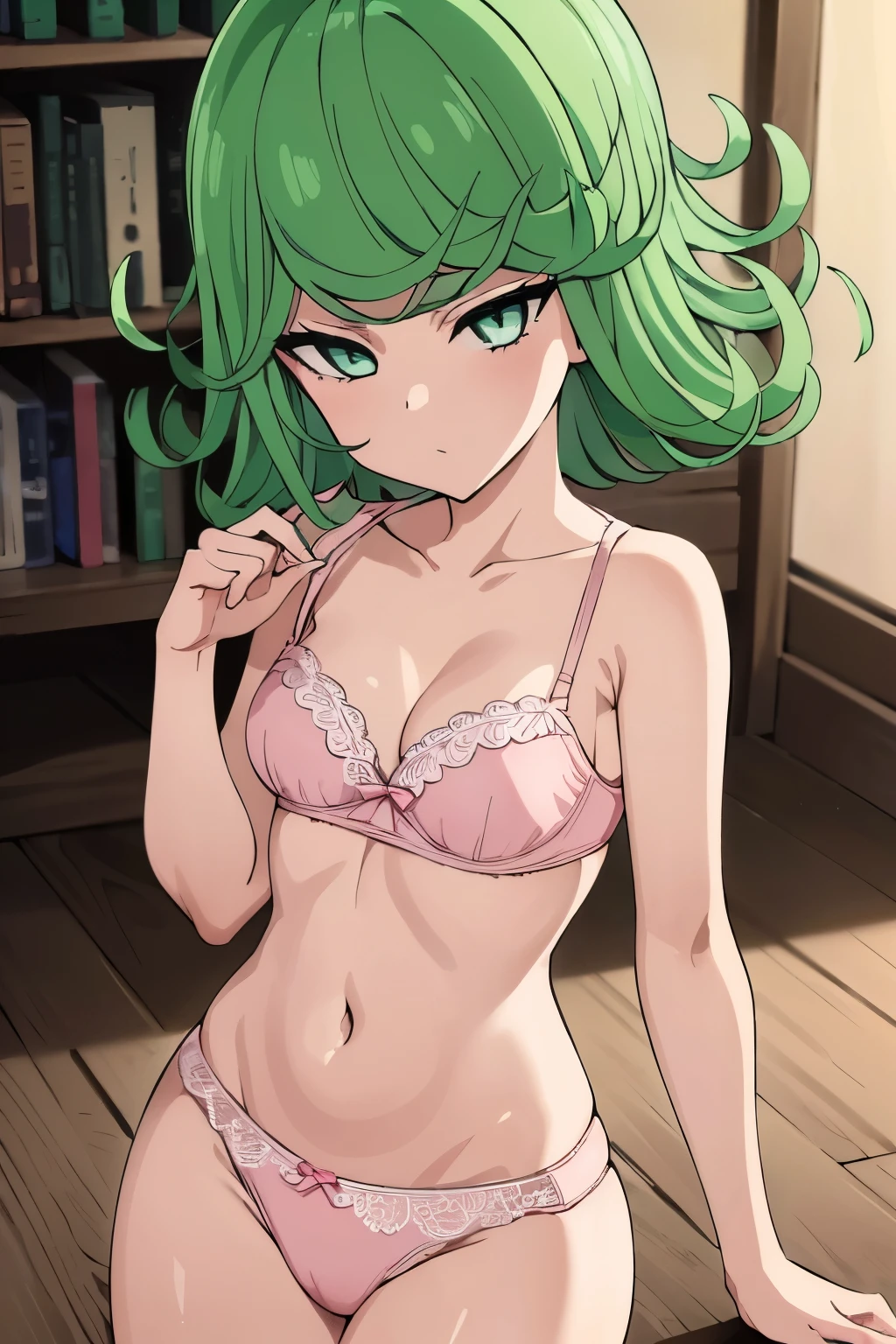(masterpiece:1.2),( Highest quality), (High resolution), (unity 8k wallpaper), (Beautiful attention to detail), (Tatsumaki), One Girl, Green Hair, short hair, Green Eyes, small Breasts, (pink lace bra), (pink lace panties), Cowboy shot,indoors