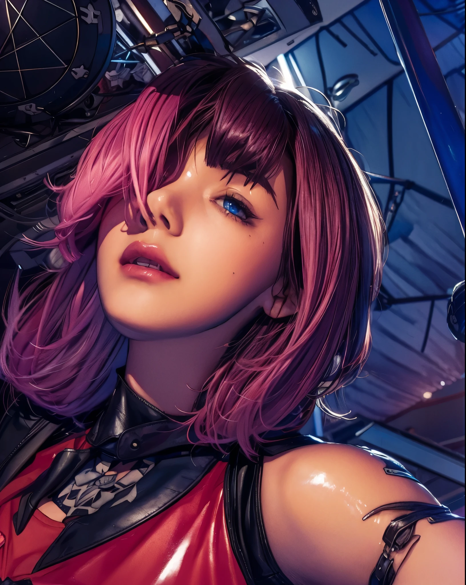 Realistic:1.2, Rocker girl in leather jacket,Slim figure、Normal bust size、 highly Realistic photograph, Full Body Shot, 12 electric guitars, Spiked clothing,White tank top、Navel exposed、Low-rise leather shorts,tattoo,Earrings Dark lipstick, blue eyes,Pink twin tail hair,Black Ribbon, Beautiful and perfect legs, Confident expression, Punk Style ,Dynamic pose, Dynamic Lighting, Colorful Stage,Colorful stage lighting,