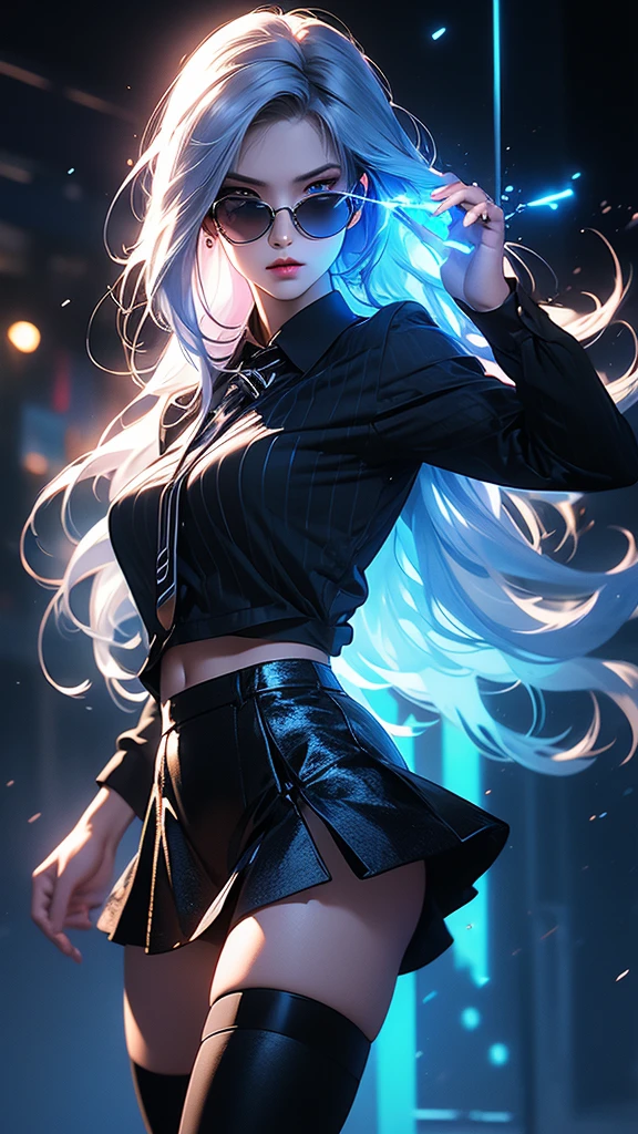hyperrealistic characters, neon outline effect, neon paint shading effect, bright colors, magical special effects, digital watercolor effect, air flow visualization effect, 1girl, black shirt, white tie, translucent round sunglasses, gothic soft makeup, long silky hair, beautiful blue eyes, black mini skirt, stockings, posing, fighting pose, casting a spell, reading a spell, (best quality,4k,8k,highres,masterpiece:1.2),ultra-detailed,(realistic,photorealistic,photo-realistic:1.37),vivid colors,studio lighting,extreme detail description,professional