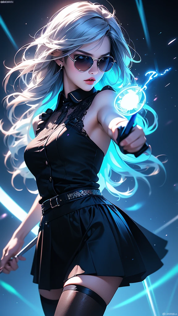 hyperrealistic characters, neon outline effect, neon paint shading effect, bright colors, magical special effects, digital watercolor effect, air flow visualization effect, 1girl, black shirt, white tie, translucent round sunglasses, gothic soft makeup, long silky hair, beautiful blue eyes, black mini skirt, stockings, posing, fighting pose, casting a spell, reading a spell, (best quality,4k,8k,highres,masterpiece:1.2),ultra-detailed,(realistic,photorealistic,photo-realistic:1.37),vivid colors,studio lighting,extreme detail description,professional