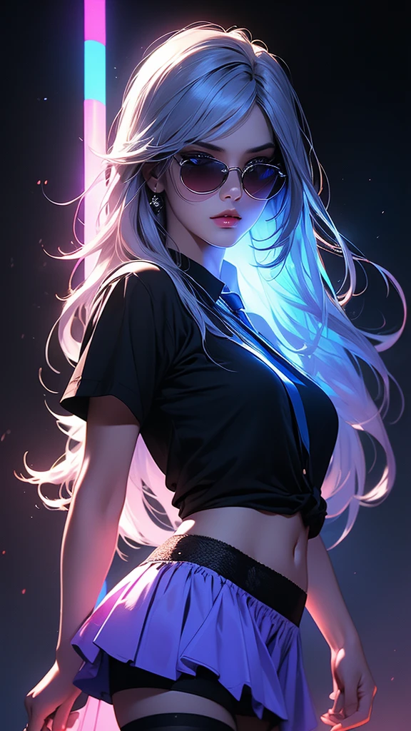 hyperrealistic characters, neon outline effect, neon paint shading effect, bright colors, magical special effects, digital watercolor effect, air flow visualization effect, 1girl, black shirt, white tie, translucent round sunglasses, gothic soft makeup, long silky hair, beautiful blue eyes, black mini skirt, stockings, posing, fighting pose, casting a spell, reading a spell, (best quality,4k,8k,highres,masterpiece:1.2),ultra-detailed,(realistic,photorealistic,photo-realistic:1.37),vivid colors,studio lighting,extreme detail description,professional