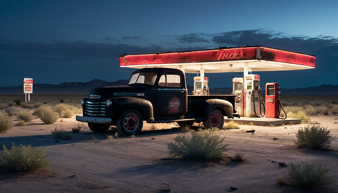 004: Create a hyper-realistic image of a black truck parked at an old, abandoned gas station in the middle of nowhere. The gas station is in ruins, with broken windows and overgrown weeds. The truck's engine is still running, and a faint red glow emanates from its cab, hinting at something unnatural inside. The surrounding desert is vast and empty, with the only light coming from the truck and the distant, flickering neon sign of the gas station. The image should be in a 16:9 format, capturing the eerie isolation of the scene.