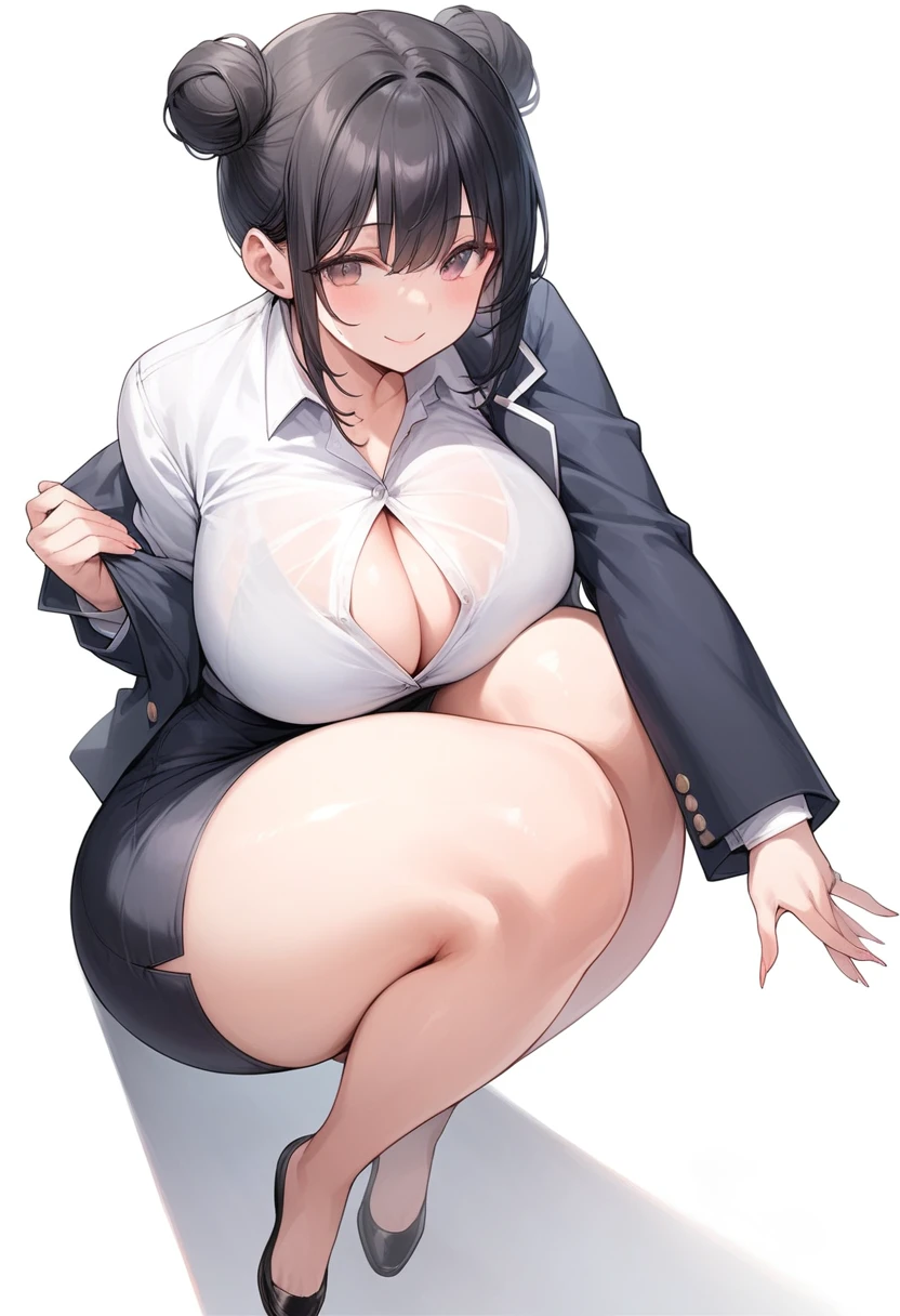 1girl, solo, secretary, short black hair, hair bangs, and two hair buns, standing, sharp outline, tight black blazer,unbuttoned white shirt underneath, cleavage, black pencil skirt, huge breasts, thick thighs, large thighs, wide hips, massive thighs, voluptuous legs, thick legs, black slip on flats on her feet, full body shown, white background, young face, short height, round head, simple eyes, smile, round face, long fingernails, thick thighs pressed together, slim waist, above the knee pencil skirt, slightly above the knee, standing upright
