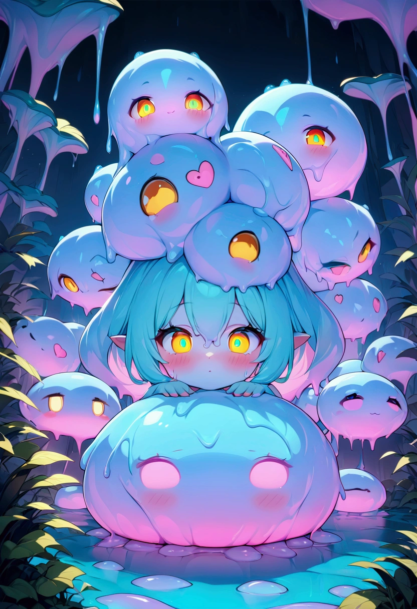 slime girl, slimegirlsupremacy, slimegirlsfw, A slime creature, detailed slimy texture, gooey and viscous appearance, (cute eyes:1.5), bright neon colors, fluorescent glowing, surreal fantasy landscape, colorful alien environment, glowing, bioluminescent plants, cinematic lighting, detailed 3D render, vibrant colors, high detail, masterpiece, best quality, very aesthetic, absurdres