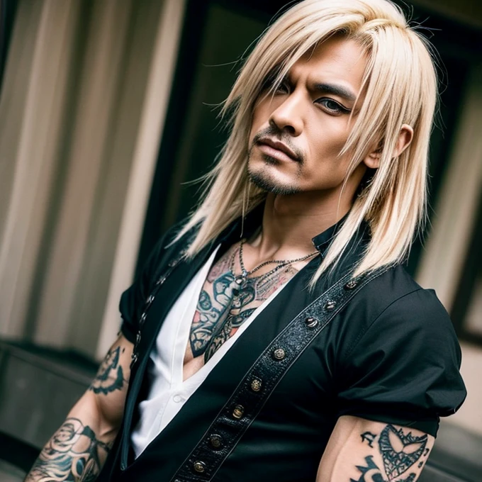 1 man, male, Japanese man, Visual Kai hairstyle, ultra detailed face and body, hyperrealistic, realistic representation, muscular, broad shoulders, tattoos gothic style, Visual Kei style, hairstyle Visual Kei, blond, long hair, 40 years old, age 40, outfit gothic , men's shirt and black pants, Asian eyes, eyes, Visual Kei hairstyle