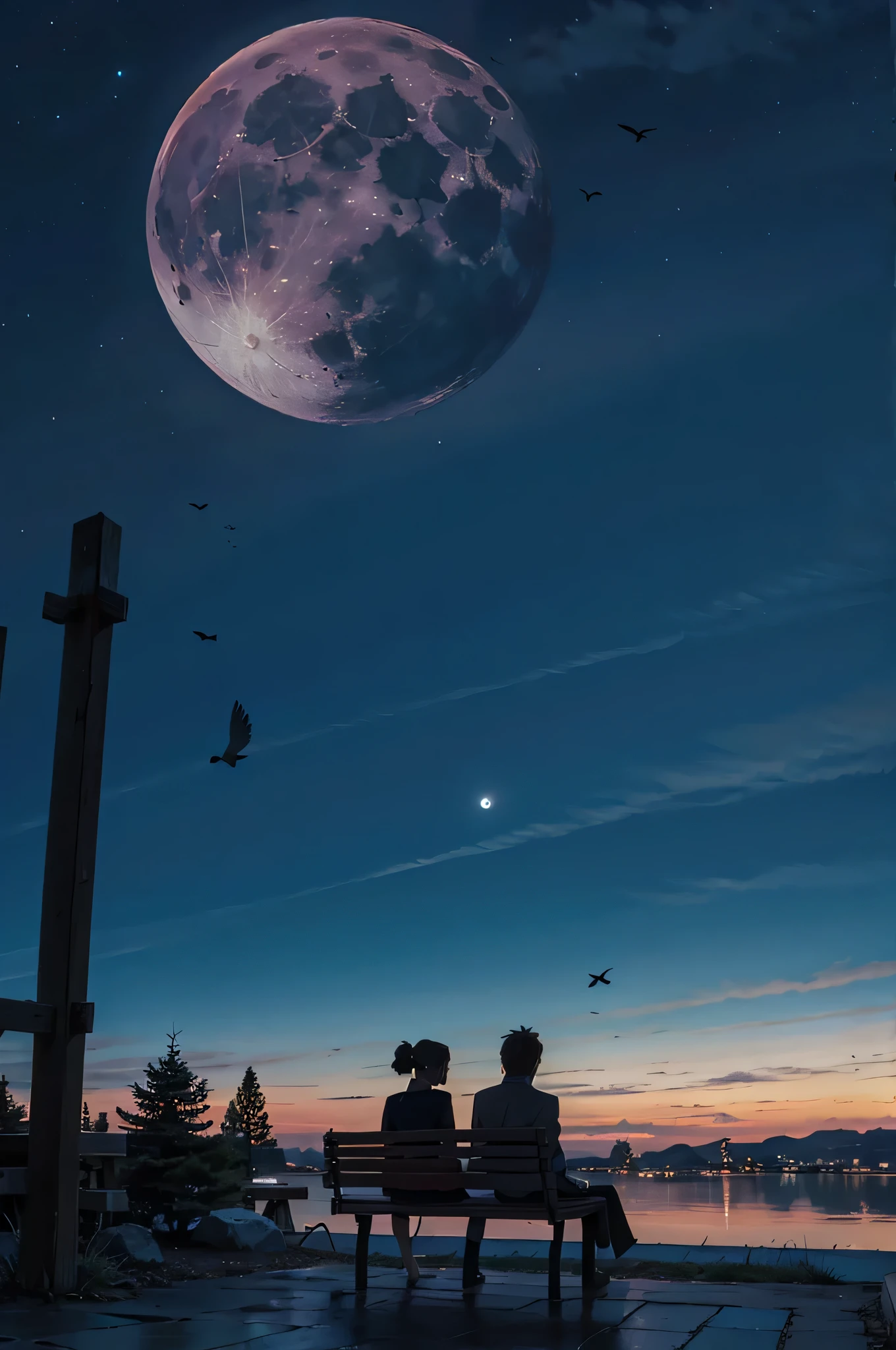 Ultra HD、Delicate and precise depiction、Full moon night、Couple sitting on a bench、 Magnificent and peaceful atmosphere。In the background you can see a starry sky and flying birds.、Ghibli style