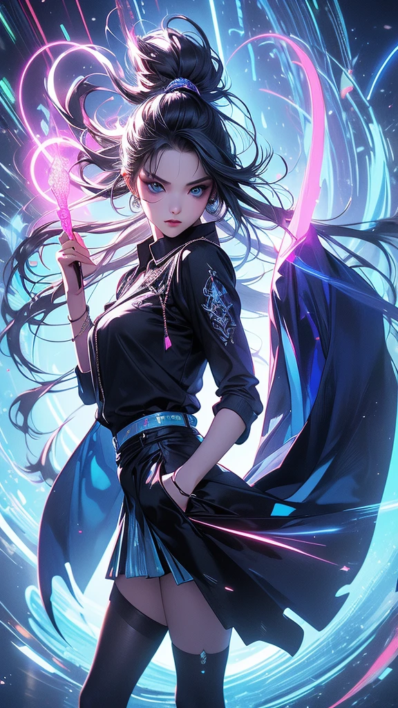hyperrealistic characters, neon outline effect, neon paint shading effect, bright colors, magical special effects, digital watercolor effect, air flow visualization effect, 1girl, black shirt, white tie, translucent round sunglasses, gothic soft makeup, long silky hair, beautiful blue eyes, black mini skirt, stockings, posing, fighting pose, casting a spell, reading a spell, (best quality,4k,8k,highres,masterpiece:1.2),ultra-detailed,(realistic,photorealistic,photo-realistic:1.37),vivid colors,studio lighting,extreme detail description,professional