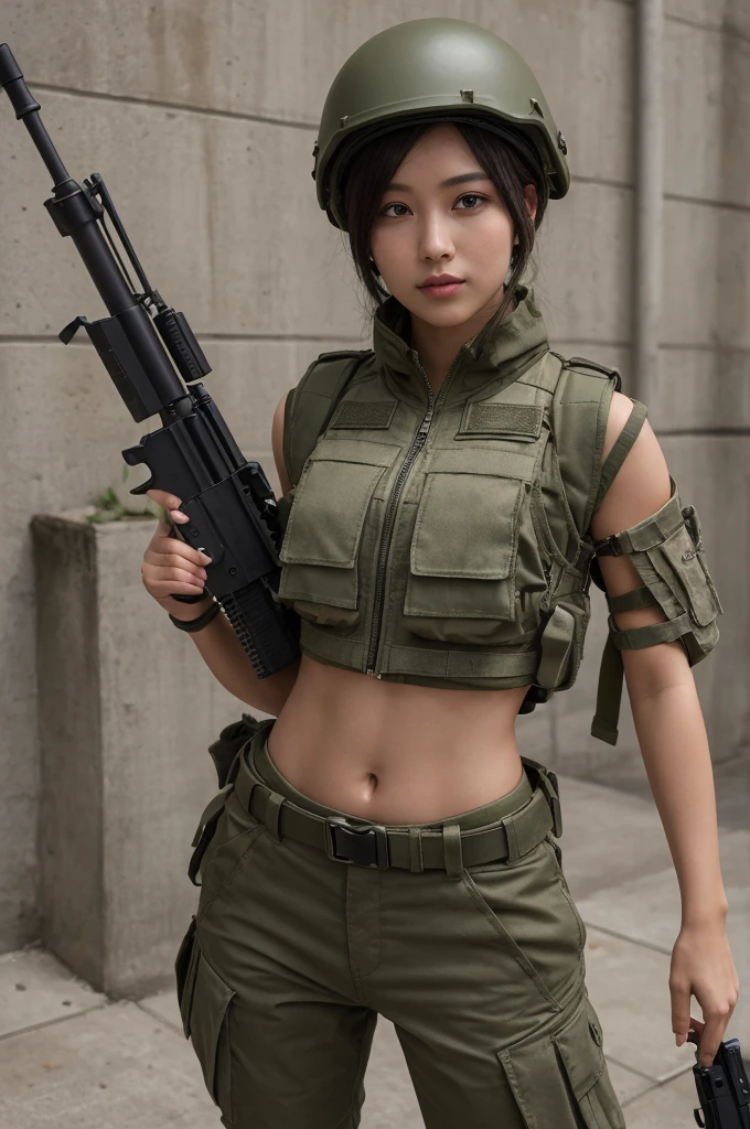 Women in crop top military bulletproof vest , military green cargo pants, belt, military helmet, tactical, (open navel), ((holding assault rifle))