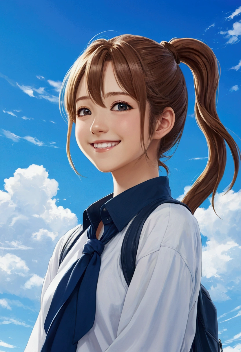 Anime Style、ponytail、White、、blue sky、smile、front