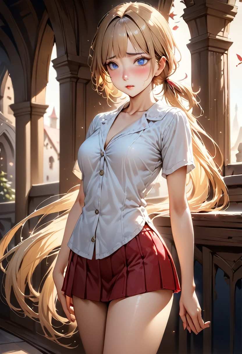 ((masterpiece,Highest quality:1.3,best quality illustration)),realistic、cowboy shot,1woman,(Mature Beauty),((very small head:1.4,very long body:1.3)),blonde hair,(low ponytail),long hair,bangs,gorgeous big eyes,Blue eyes,shy,(White blouse、Red pleated mini skirt),(slender body,skinny),medium breasts,gleaming skin,shiny skin,Medieval European Castles、Sword and sorcery fantasy world、