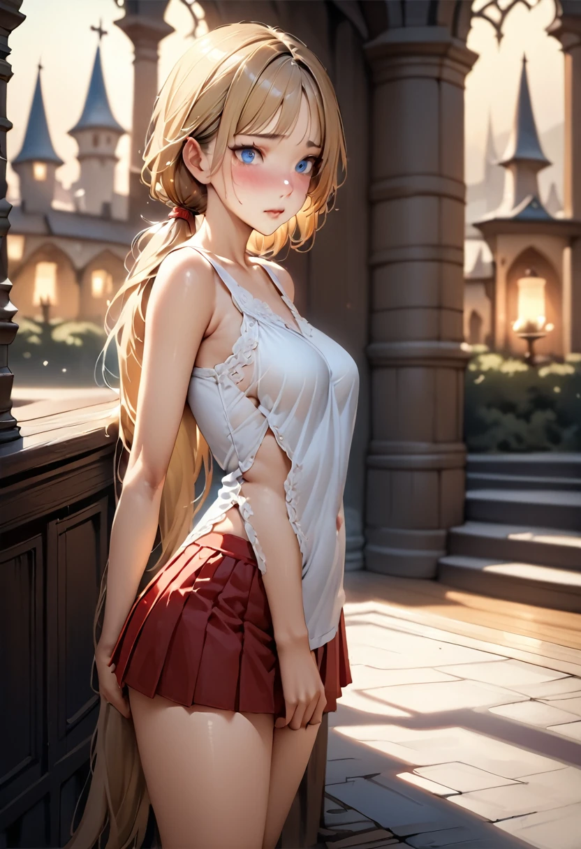 ((masterpiece,Highest quality:1.3,best quality illustration)),realistic、cowboy shot,1woman,(Mature Beauty),((very small head:1.4,very long body:1.3)),blonde hair,(low ponytail),long hair,bangs,gorgeous big eyes,Blue eyes,shy,(White blouse、Red pleated mini skirt),(slender body,skinny),medium breasts,gleaming skin,shiny skin,Medieval European Castles、Sword and sorcery fantasy world、
