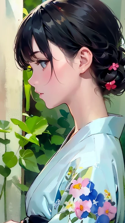 {(masterpiece,best quality, 8K UHD, extremely detailed CG, detailed beautiful face and eyes and skin and hair),(beautiful like picture:1.1)},{(watercolor image:1.2),sketch,bright colors overall,gentle color},{Simple configuration:1.1}, {light blue backgroundl:1.2}, {solo girl,yukata,open clothes,profile},{Floral,Taisho romance}
