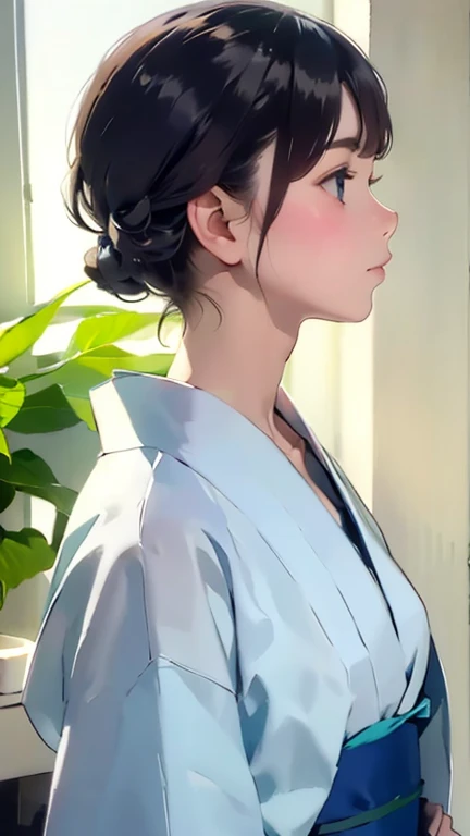{(masterpiece,best quality, 8K UHD, extremely detailed CG, detailed beautiful face and eyes and skin and hair),(beautiful like picture:1.1)},{(watercolor image:1.2),sketch,bright colors overall,gentle color},{Simple configuration:1.1}, {light blue backgroundl:1.2}, {solo girl,yukata,open clothes,profile},{Floral,Taisho romance}