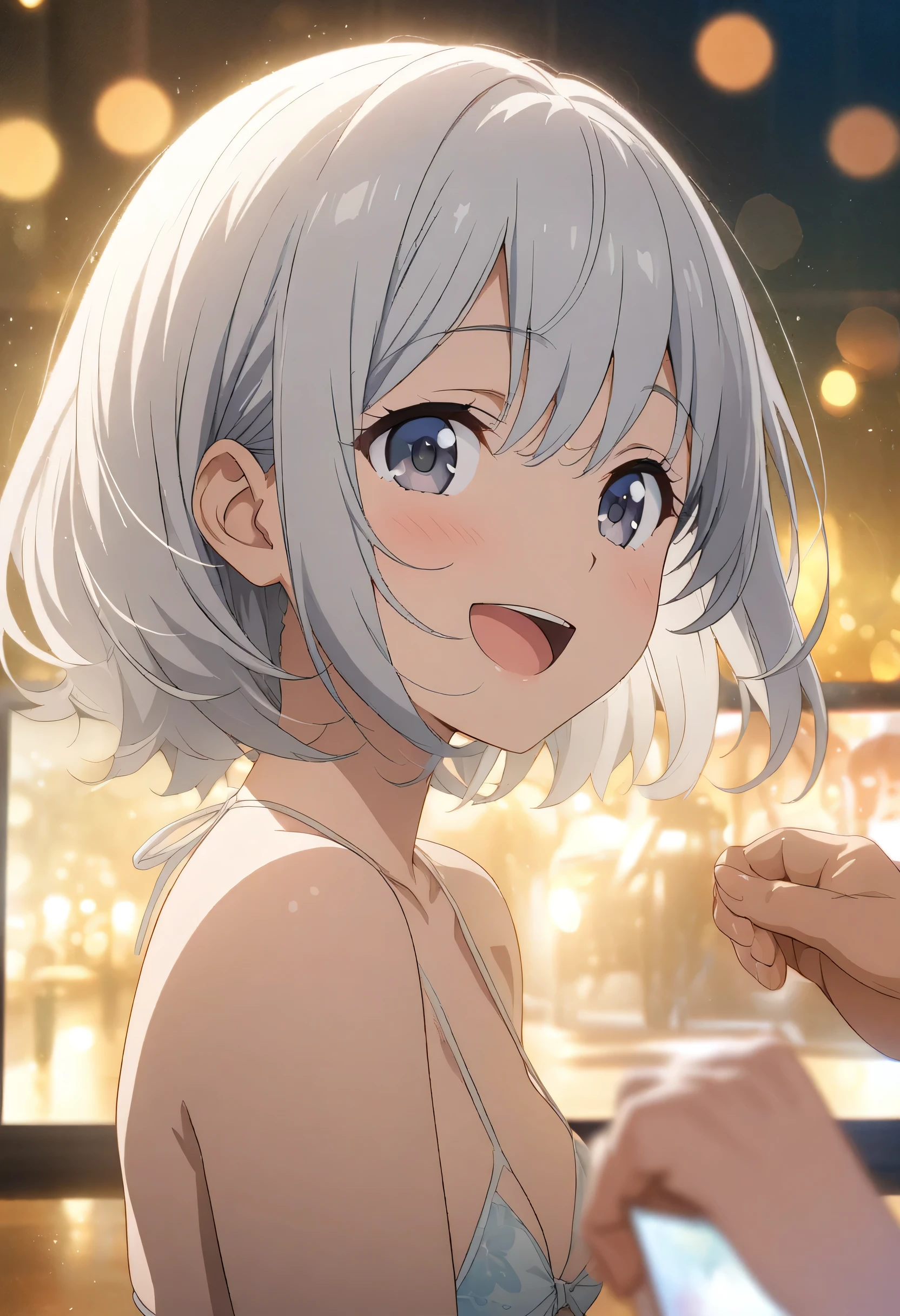 masterpiece, Highest quality, Highly detailed CG Unity 8K wallpapers, High  Girl Anime Illustration. wear a tiny bikini., The index fingers of both hands, She has her eyes open and her mouth open, smile. Silver Hair, black eye, twins, Bokeh Photo, (Soft Focus):1.2, Out of focus highlights, Dreamy atmosphere, Glowing circle, Fascinating Depth, The background is a realistic urban landscape