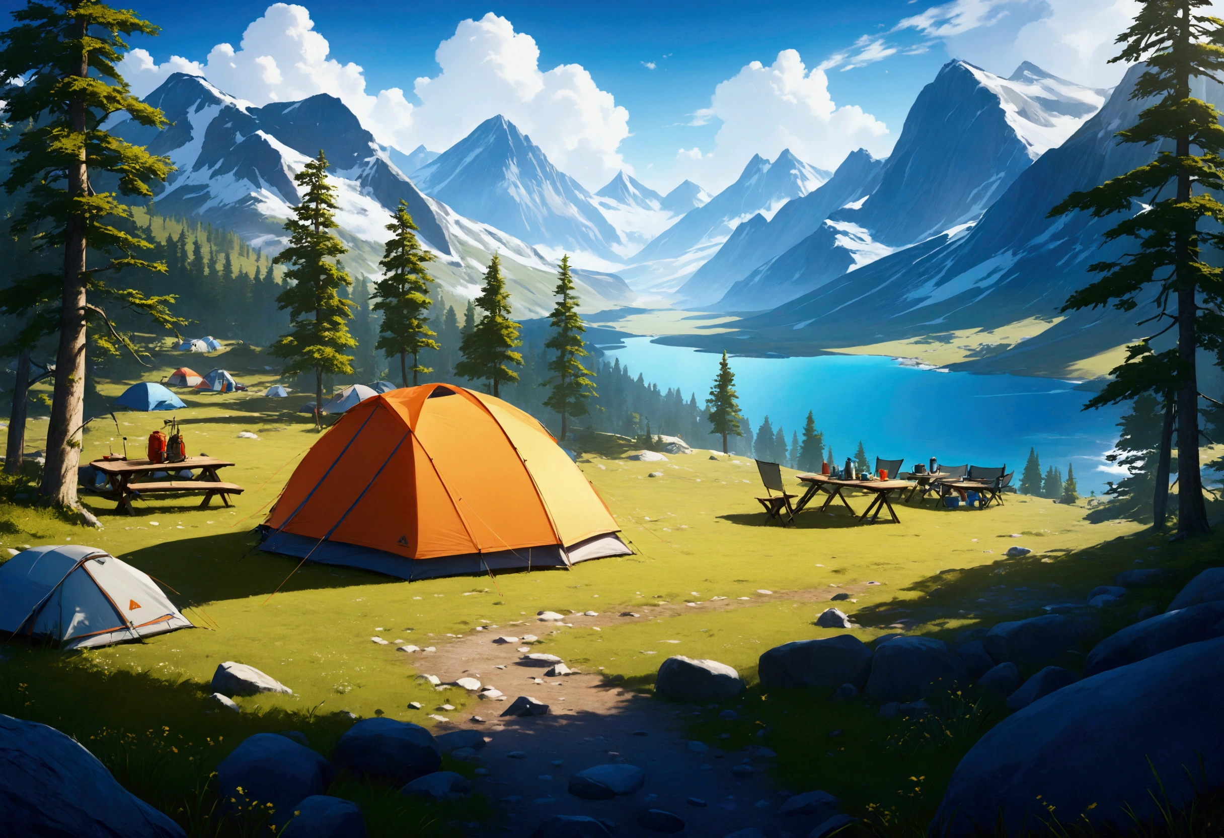 A plateau with a great view,camp site,The view is amazing.,tent,Camping equipment,Highest quality, 8k, High resolution, masterpiece:1.2, Very detailed, Realistic:1.37, High resolution, 超High resolution, Very detailed, Professional, Vibrant colors