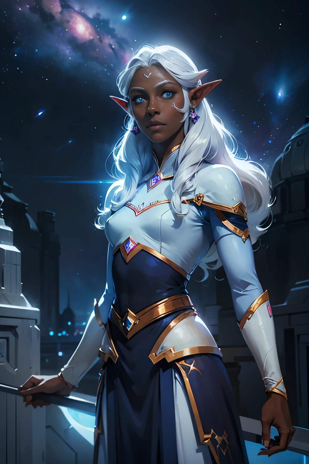 Princess allura, blue eyes, white hair, pointed ears, dark skin, dark-skinned woman, mark on the face, elf, dark elf, jewelry, earrings, loose hair, space, starry sky, galaxies, looks at the viewer, cowboy shot, solo, Dutch angle, hd