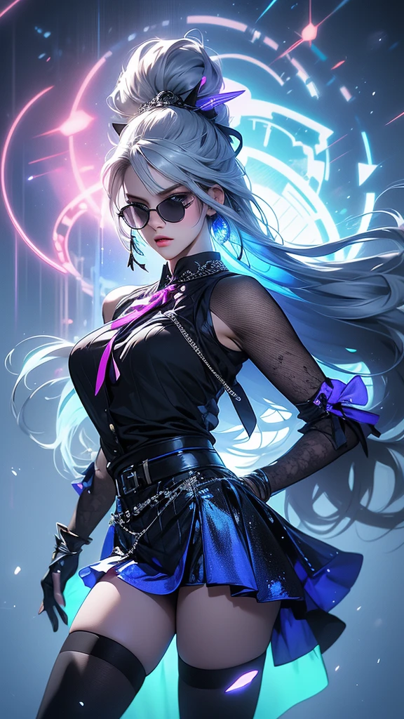 hyperrealistic characters, neon outline effect, neon paint shading effect, bright colors, magical special effects, digital watercolor effect, air flow visualization effect, 1girl, black shirt, white tie, translucent round sunglasses, gothic soft makeup, long silky hair, beautiful blue eyes, black mini skirt, stockings, posing, fighting pose, casting a spell, reading a spell, (best quality,4k,8k,highres,masterpiece:1.2),ultra-detailed,(realistic,photorealistic,photo-realistic:1.37),vivid colors,studio lighting,extreme detail description,professional